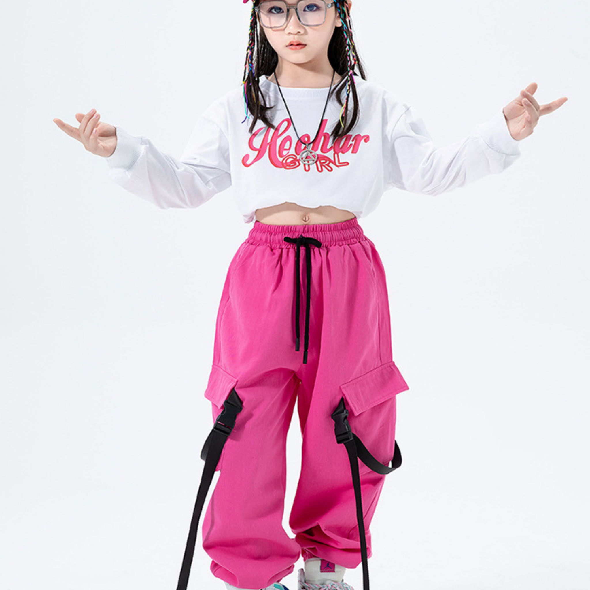 GIRLS ビビッドピンク カーゴセットアップ キッズダンス衣装