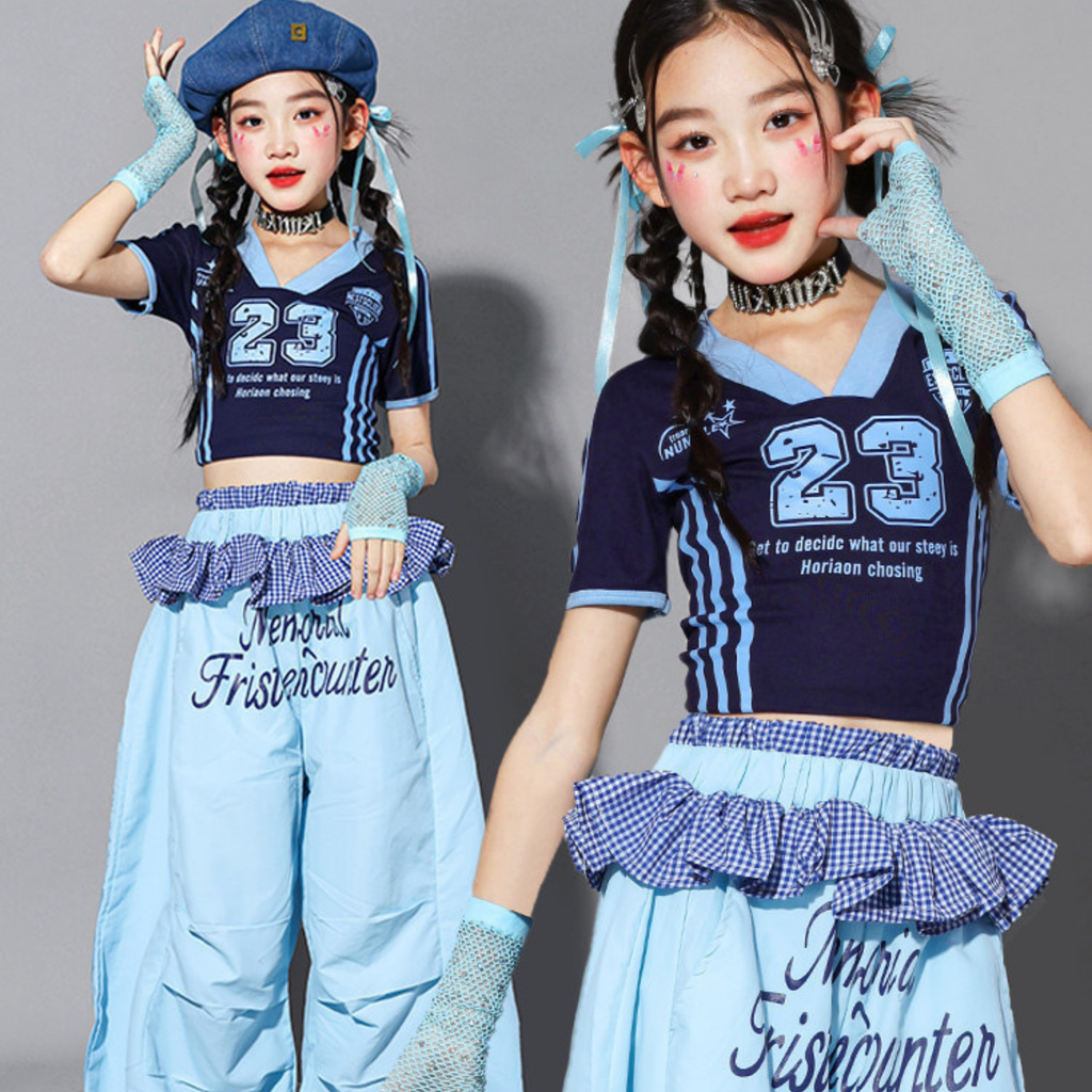 HIPHOP ライトブルーナンバー ワイドパンツセットアップ キッズダンス衣装