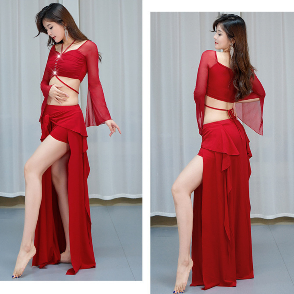 ベリーダンス　レッスンウェア　リボン　ベルスリーブ