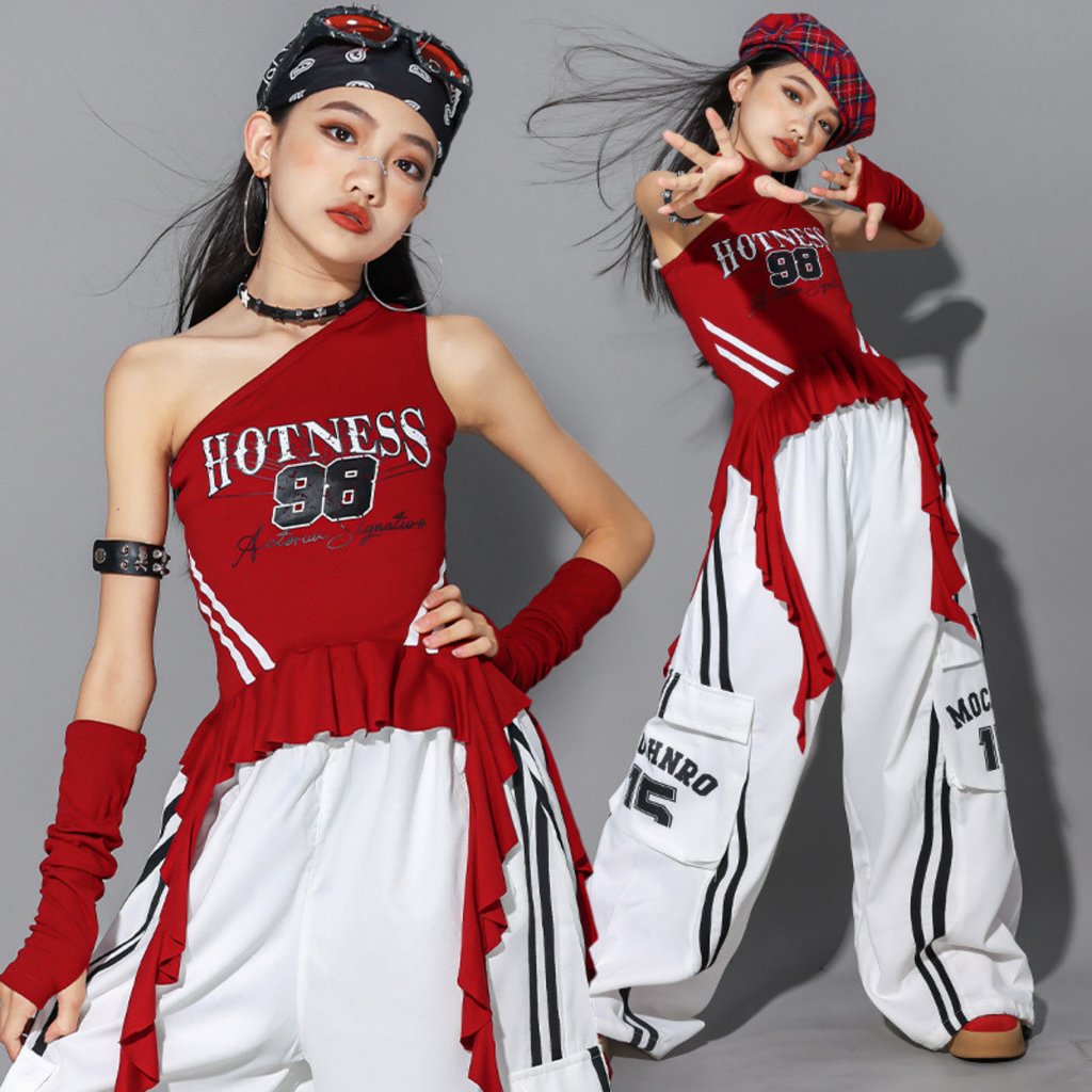 GIRLS レッドワンショルダー カーゴパンツセットアップ キッズダンス衣装