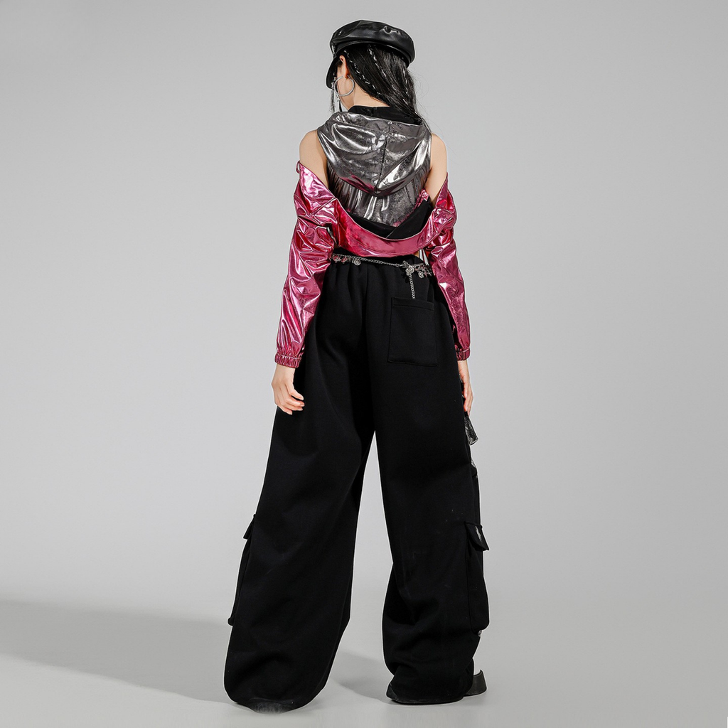 K-POP メタリックシルバー ピンクカーゴセットアップ キッズダンス衣装