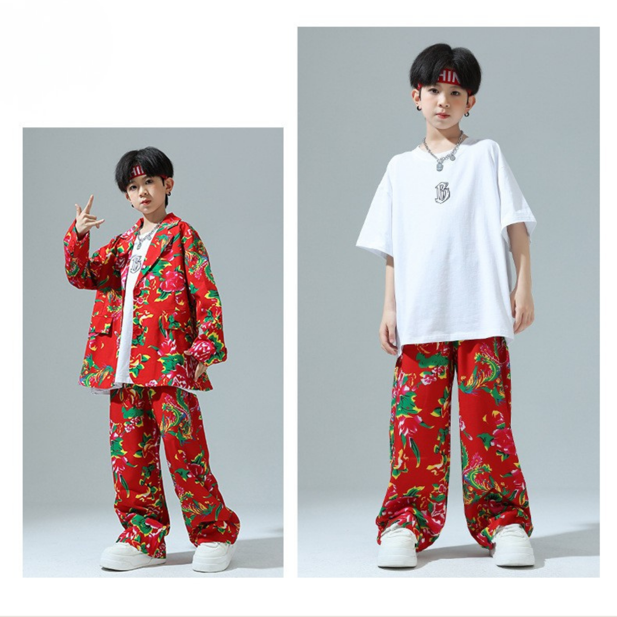 HIPHOP レッドフラワー セットアップ キッズダンス衣装