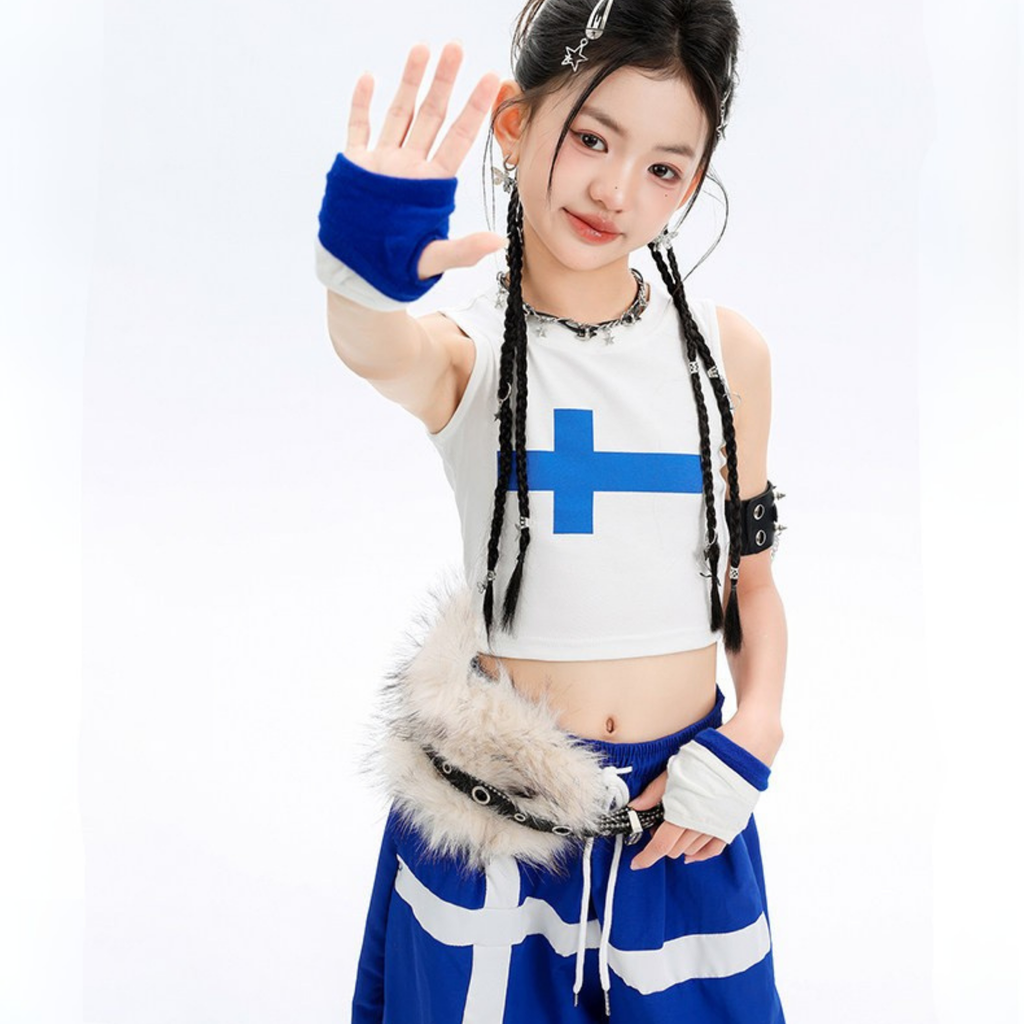 HIPHOP ブルークロス ワイドパンツセットアップ キッズダンス衣装