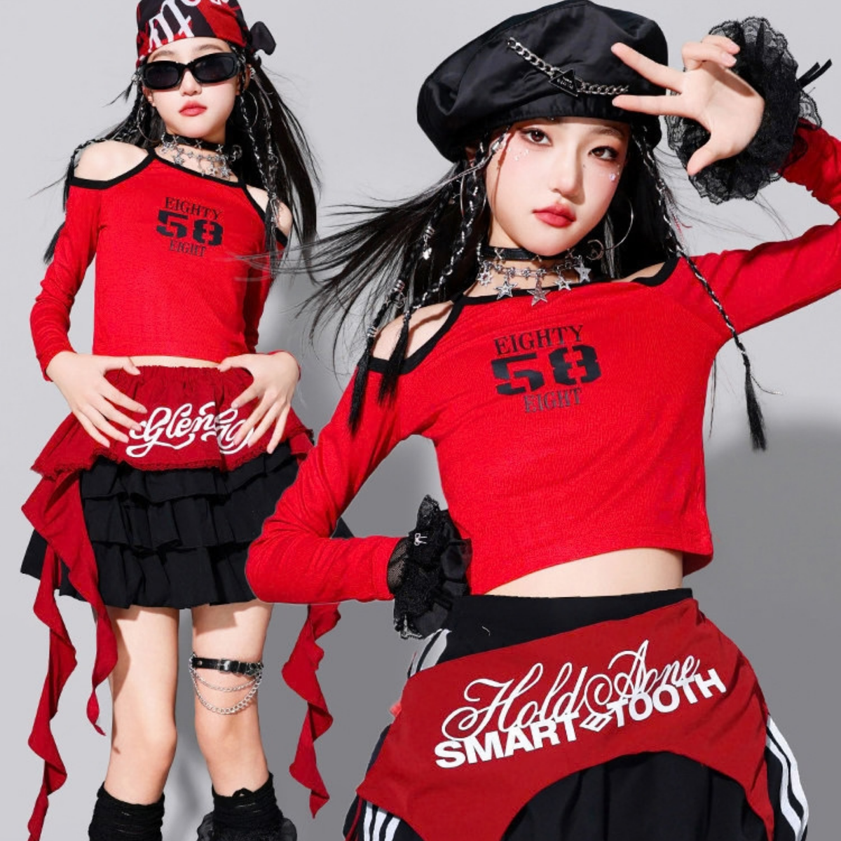 GIRLS レッド58グラフィック ティアードスカートセットアップ キッズダンス衣装｜商品イメージ5｜RAQS LUMINA