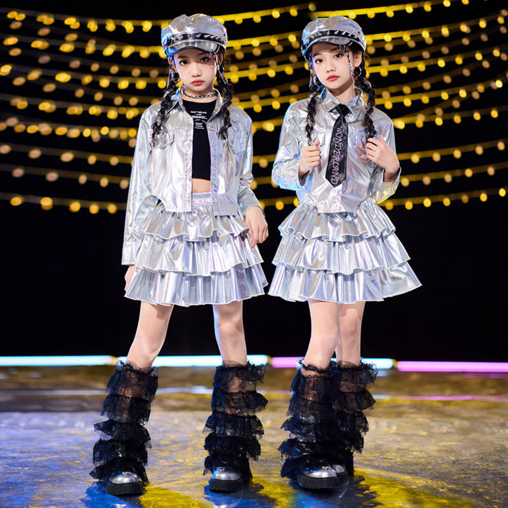 K-POP メタリックシルバー プリーツスカートセットアップ キッズダンス衣装