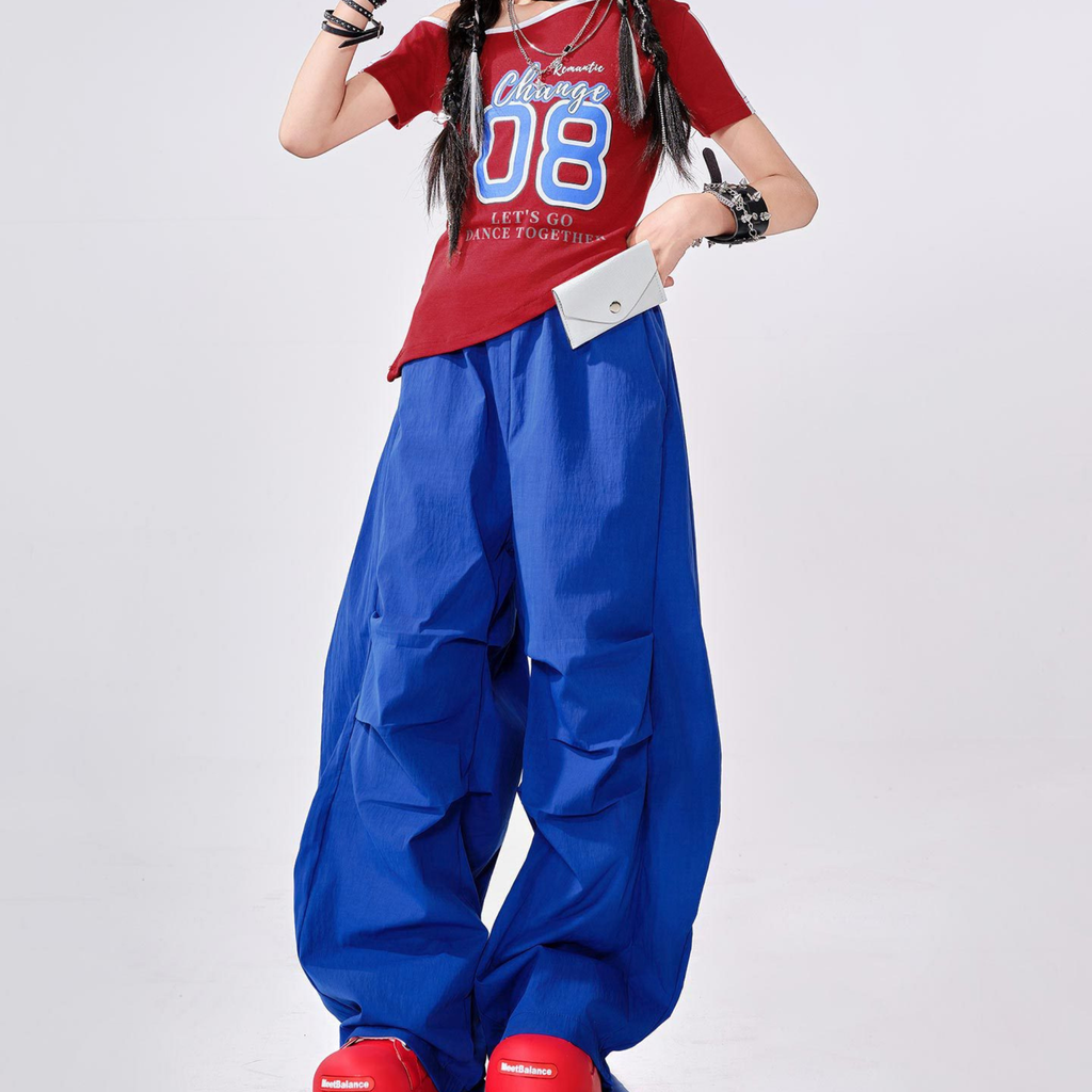 GIRLS レッドナンバー ブルーカーゴセットアップ キッズダンス衣装