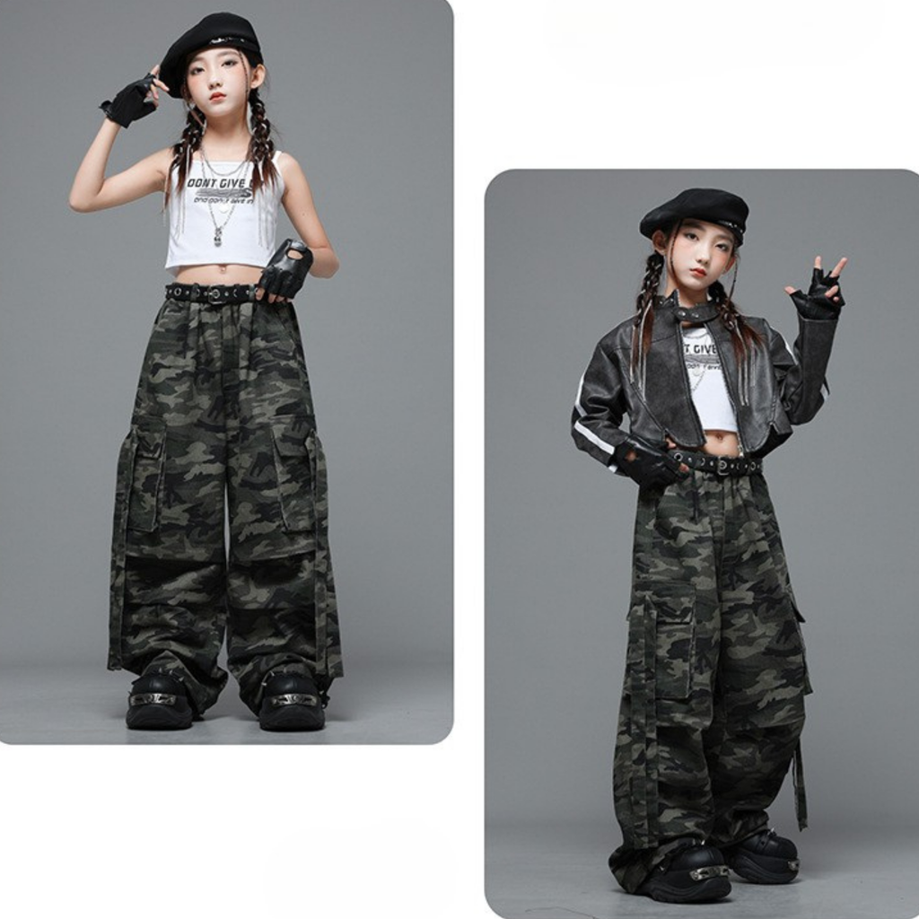 STREET ブラックジャケット カモフラージュワイドパンツセットアップ キッズダンス衣装