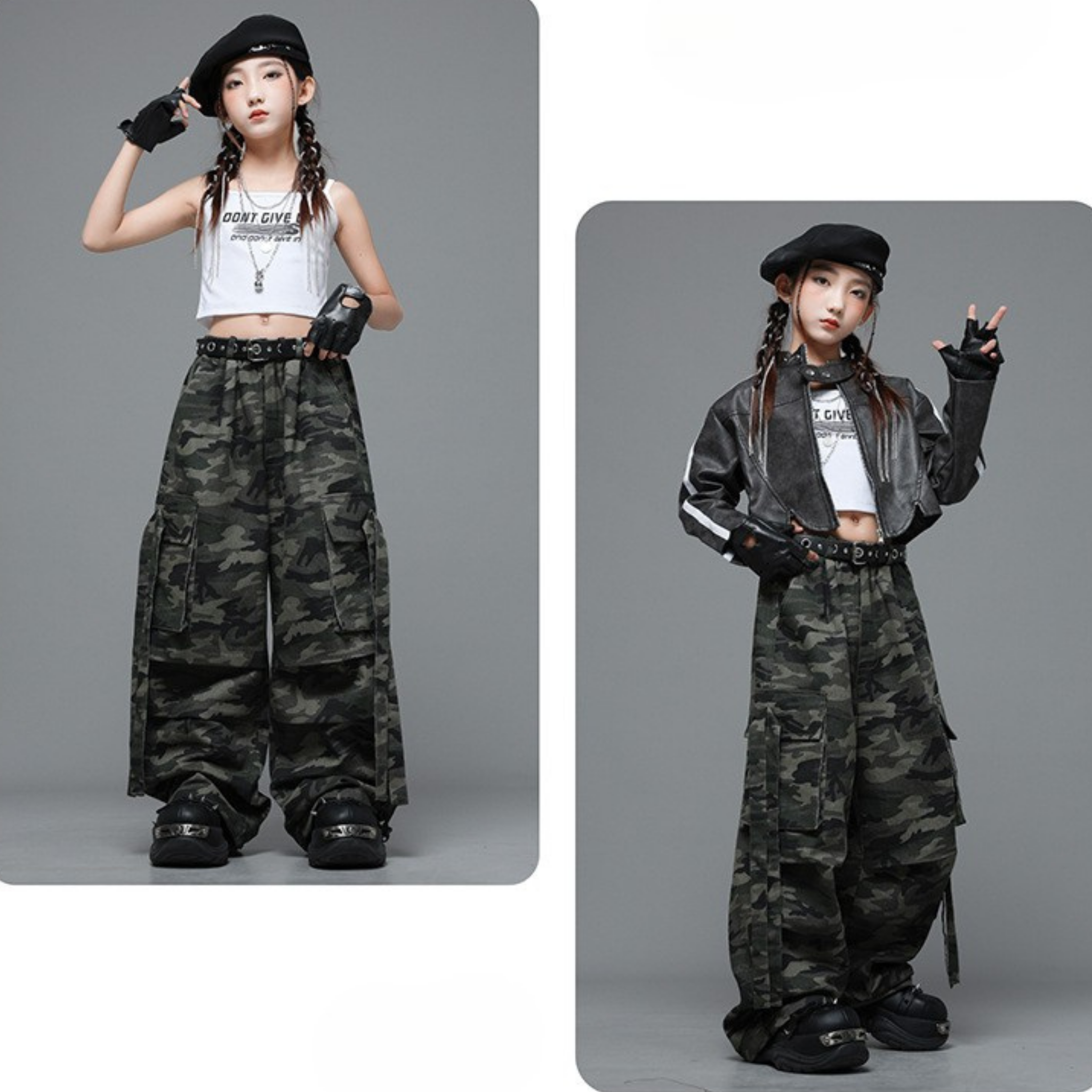 STREET ブラックジャケット カモフラージュワイドパンツセットアップ キッズダンス衣装