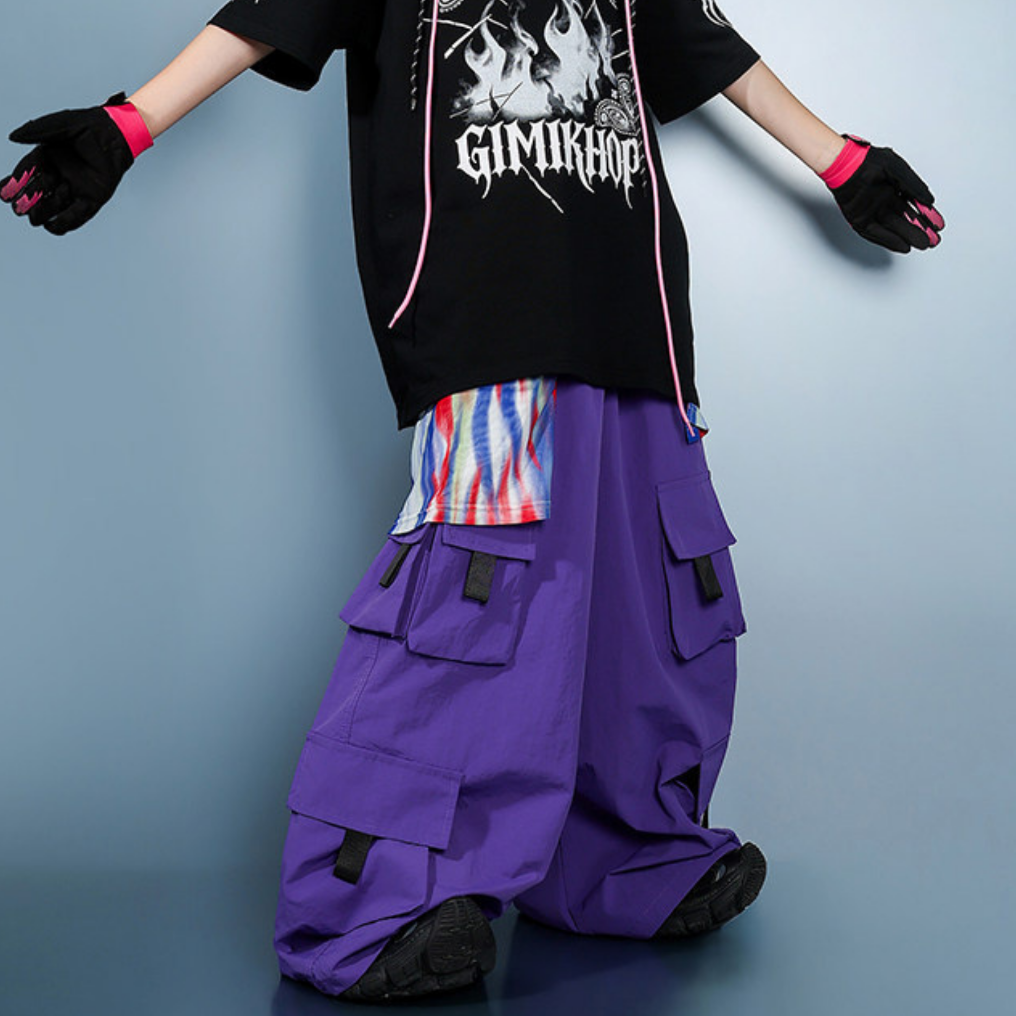 STREET ブラックグラフィック パープルカーゴセットアップ キッズダンス衣装