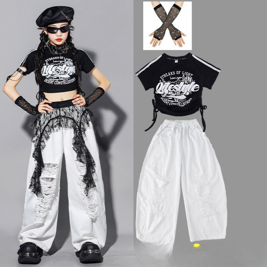 HIPHOP ブラックロゴ ホワイトワイドパンツセットアップ キッズダンス衣装