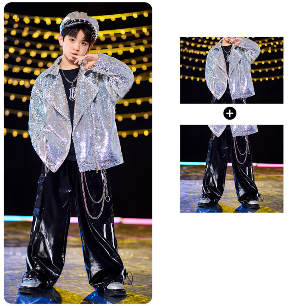 STREET シルバースパンコール ブラックセットアップ キッズダンス衣装