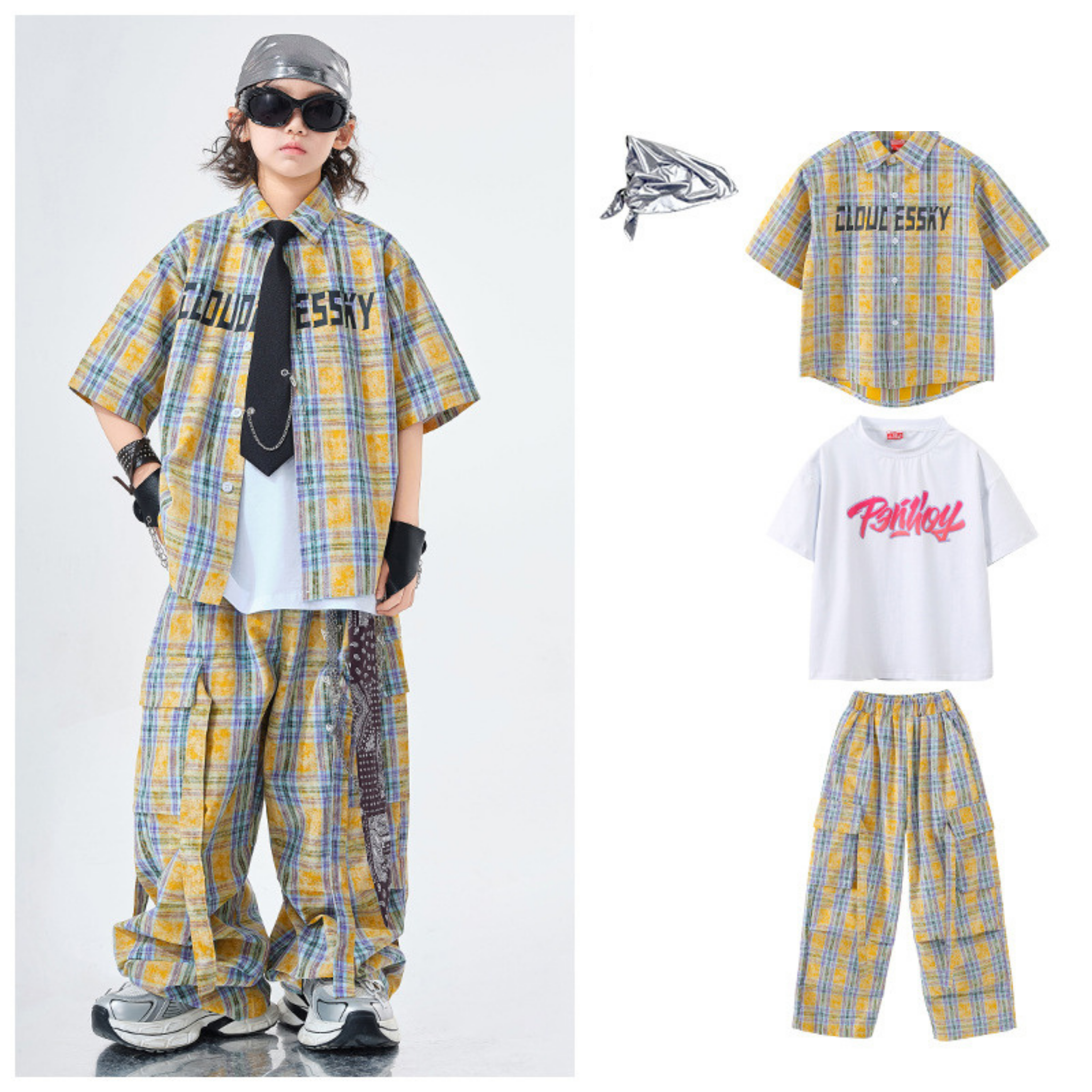 STREET イエローチェック ワイドパンツセットアップ キッズダンス衣装