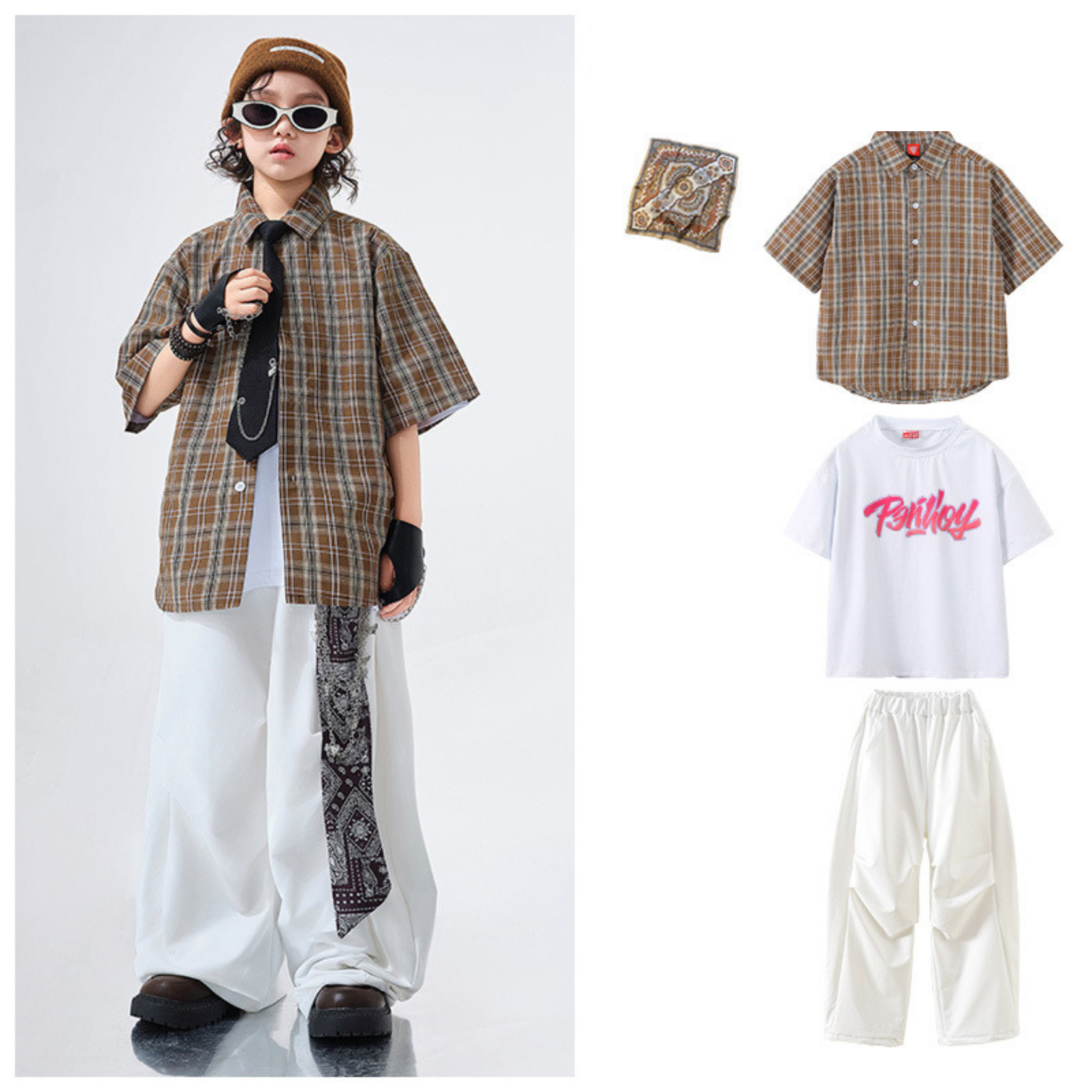 STREET ブラウンチェック ホワイトワイドパンツセットアップ キッズダンス衣装