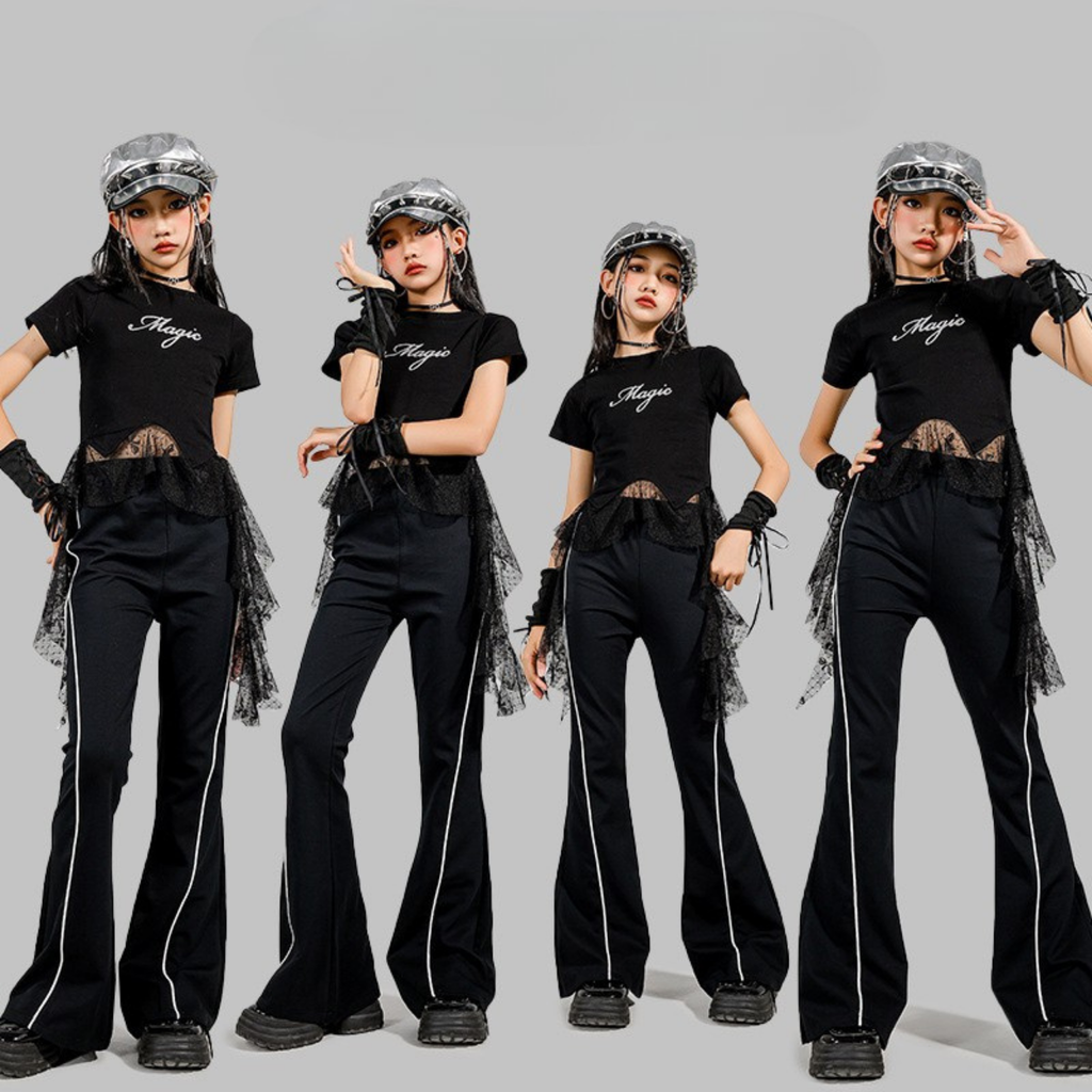K-POP ブラックドットチュール フレアパンツセットアップ キッズダンス衣装