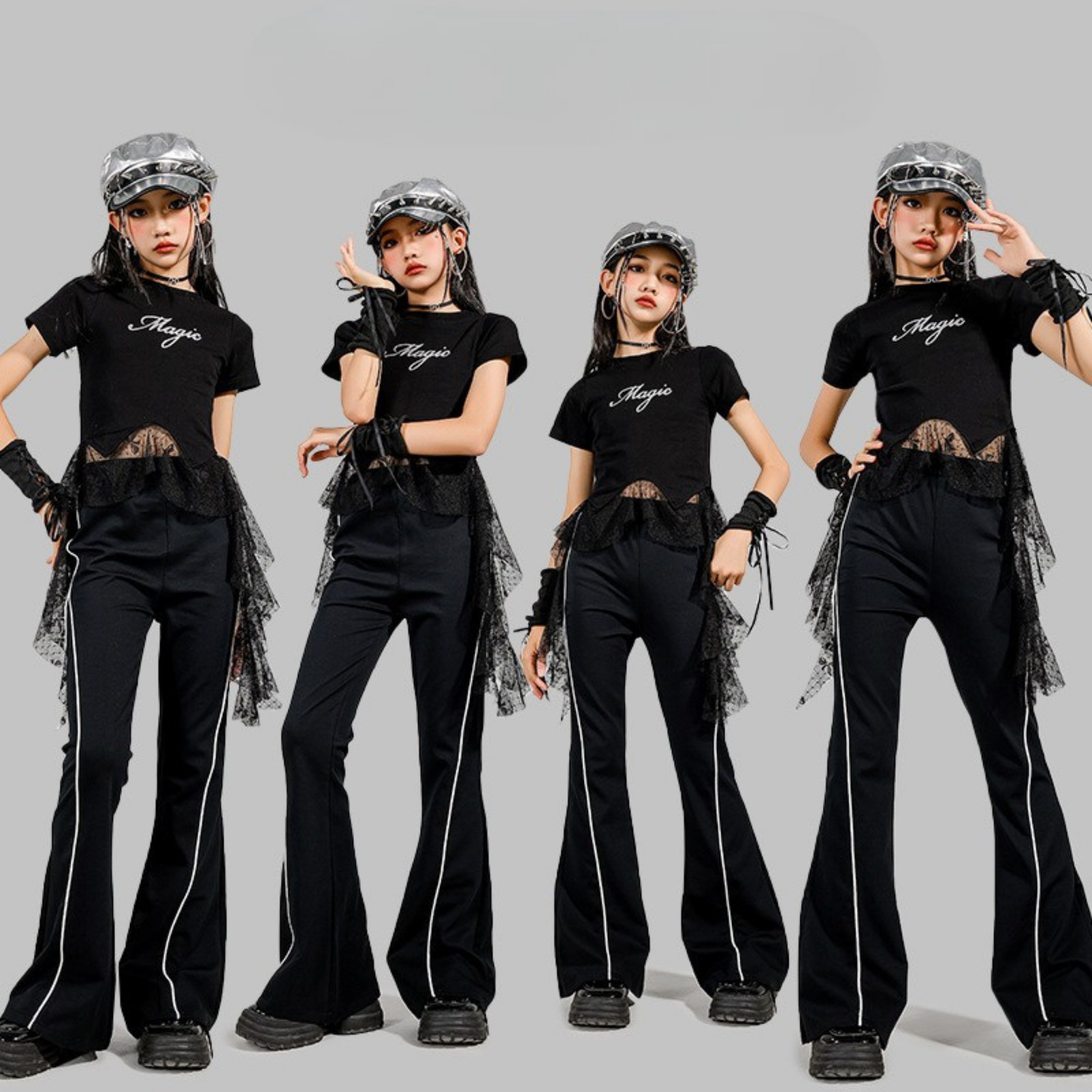 K-POP ブラックドットチュール フレアパンツセットアップ キッズダンス衣装