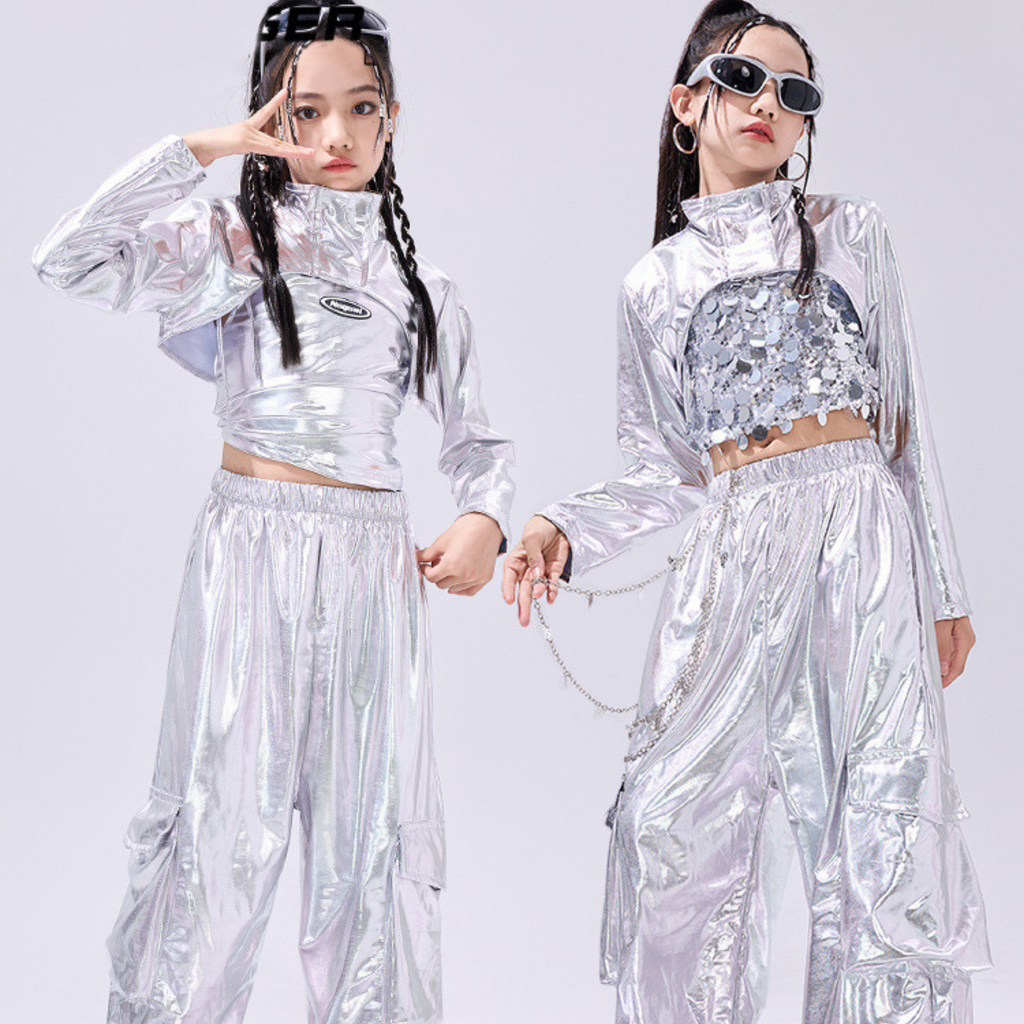 K-POP メタリックシルバー スパンコールセットアップ キッズダンス衣装