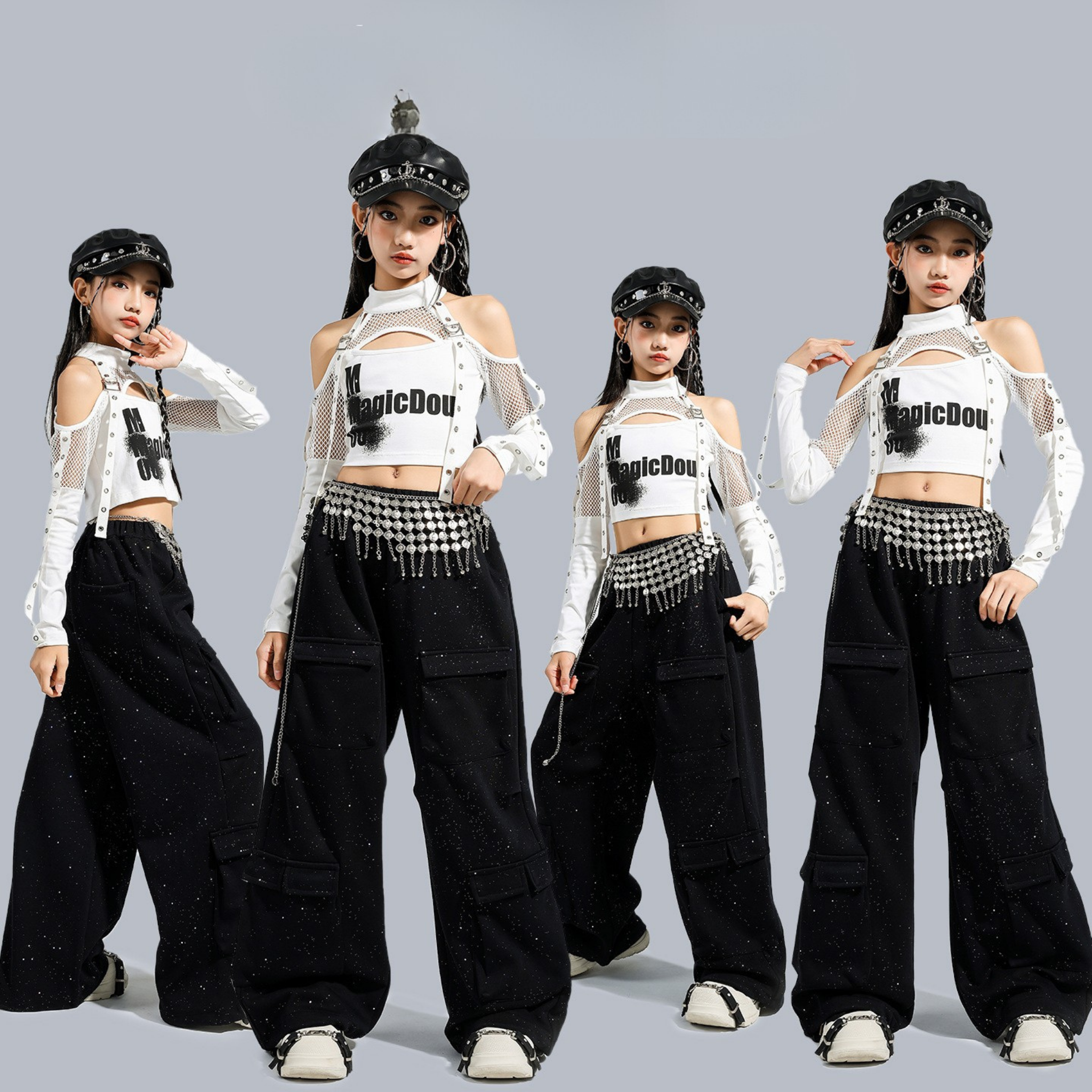 K-POP ホワイトカットアウト ブラックグリッターカーゴセットアップ キッズダンス衣装