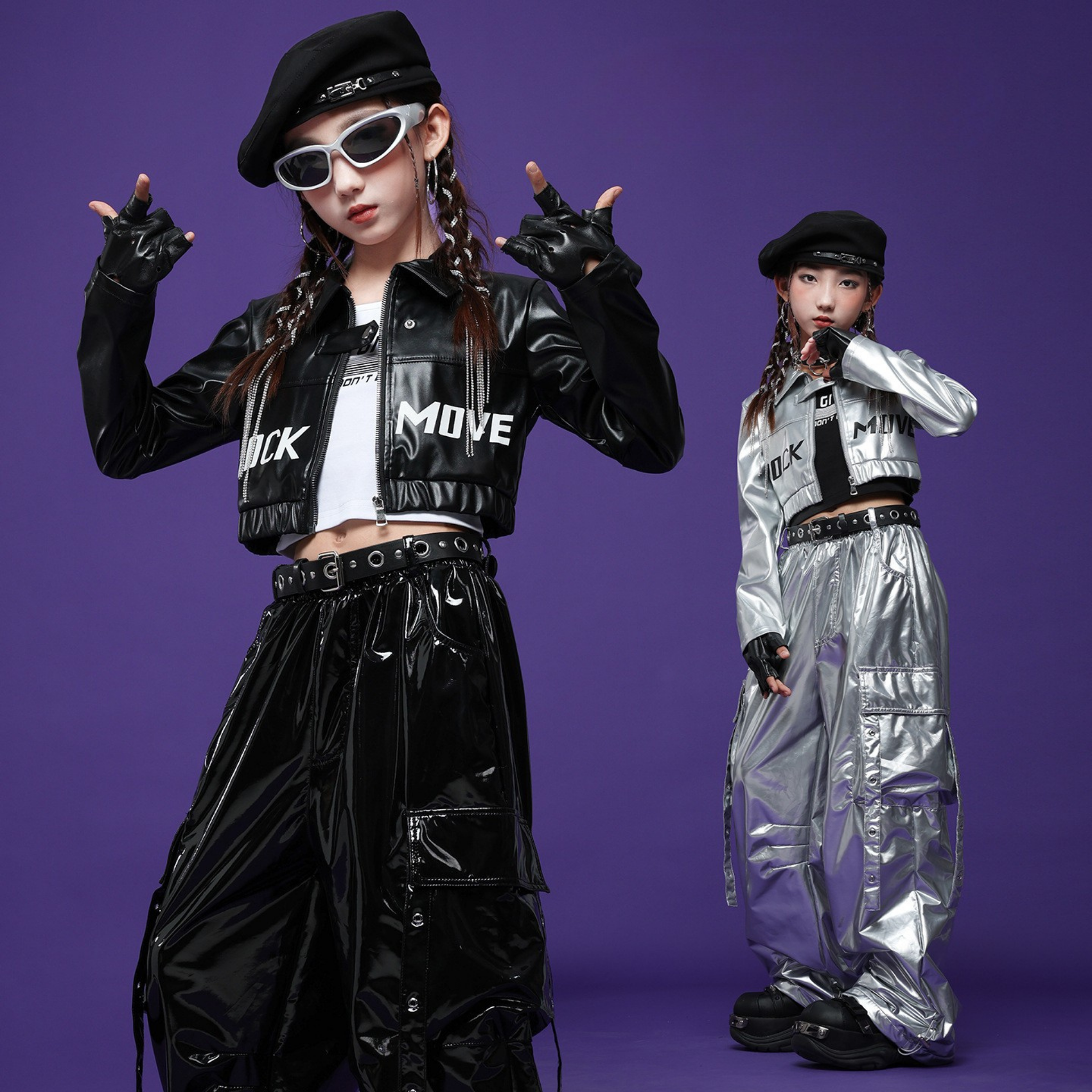 HIPHOP メタリックレザー カーゴセットアップ キッズダンス衣装