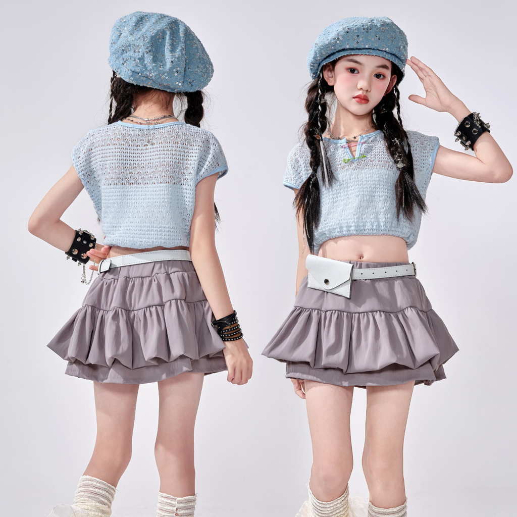 K-POP アイスブルーニット ティアードスカートセットアップ キッズダンス衣装