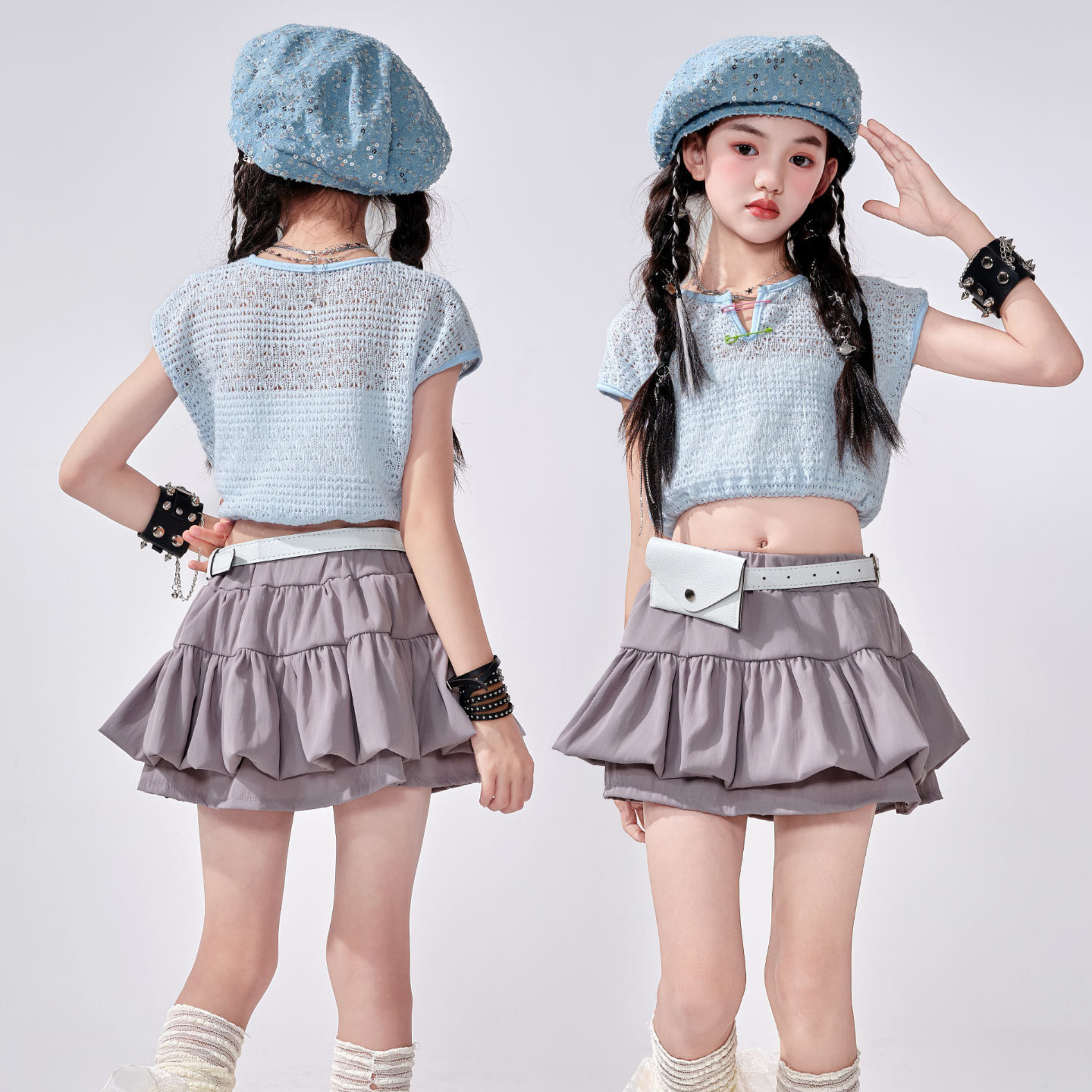 K-POP アイスブルーニット ティアードスカートセットアップ キッズダンス衣装