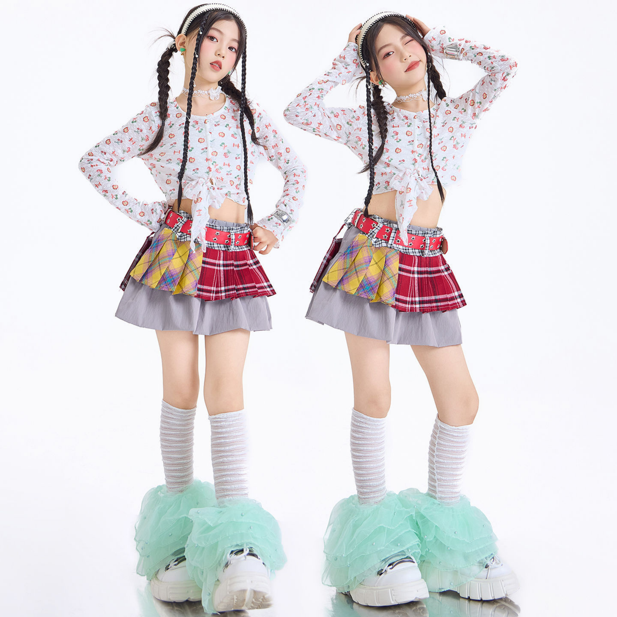 GIRLS フルーツプリント グレーティアードスカートセットアップ キッズダンス衣装