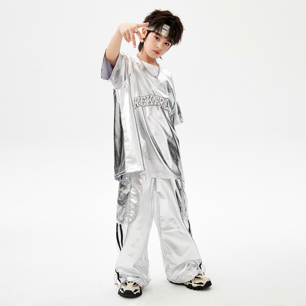 STREET メタリックシルバー カーゴセットアップ キッズダンス衣装