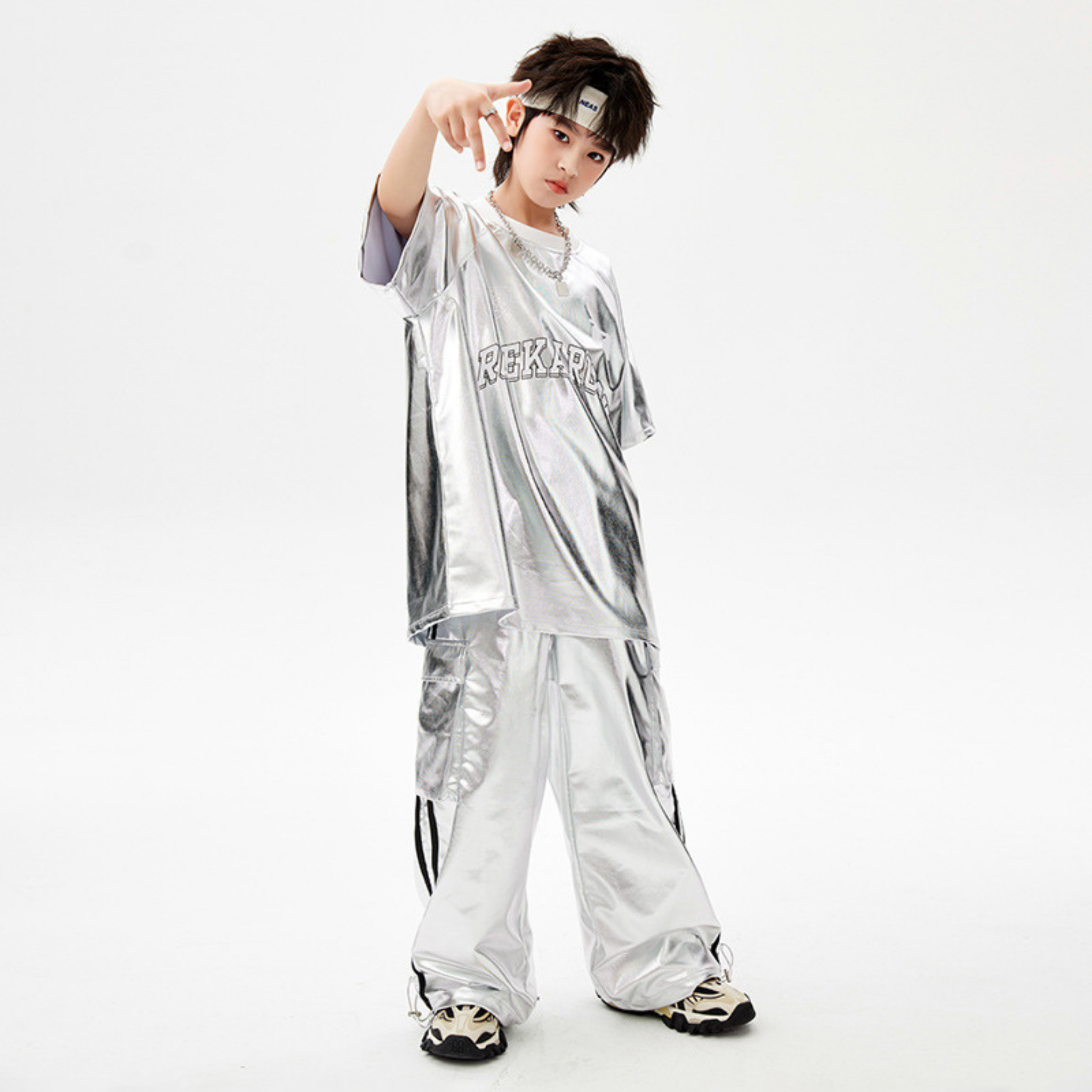 STREET メタリックシルバー カーゴセットアップ キッズダンス衣装