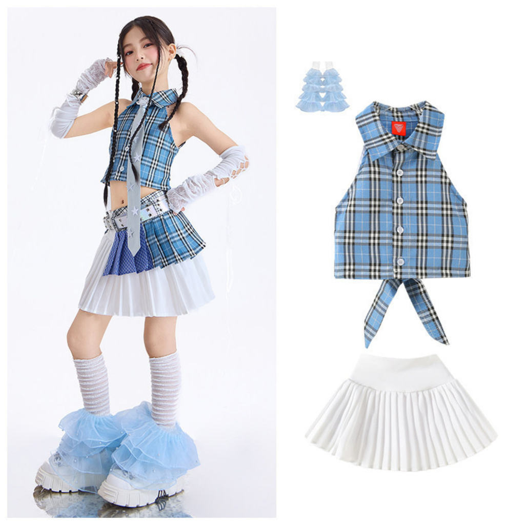 GIRLS ブルーチェック プリーツスカートセットアップ キッズダンス衣装