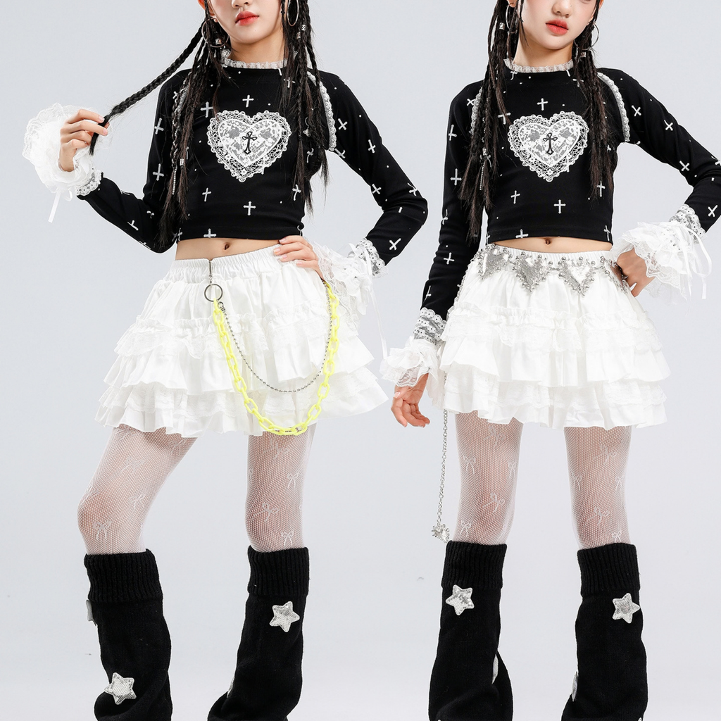 GIRLS ブラックハート ホワイトティアードスカートセットアップ キッズダンス衣装 商品画像7