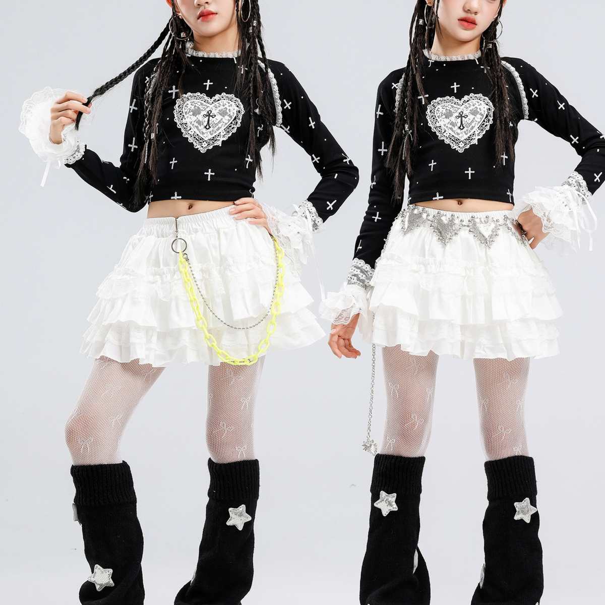 GIRLS ブラックハート ホワイトティアードスカートセットアップ キッズダンス衣装 商品画像7