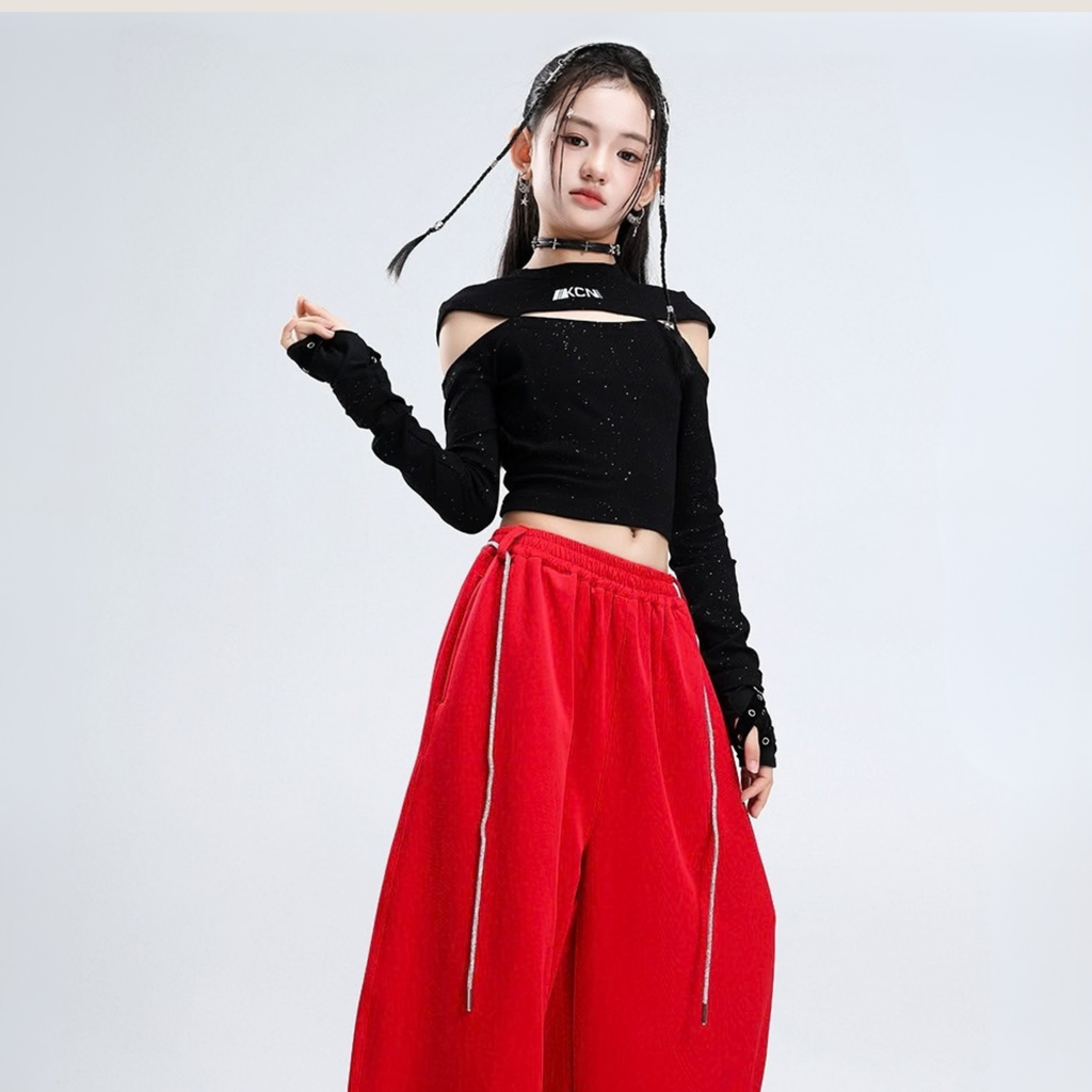 RAQS LUMINA GIRLS ブラックグリッター レッドワイドパンツ キッズダンス衣装