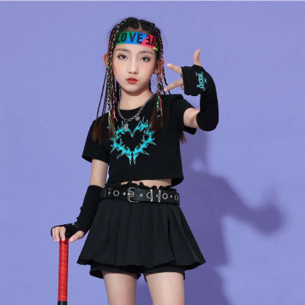 K-POP グラフィックトップス スカートセットアップ キッズダンス衣装