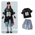 HIPHOP ブラックナンバー デニムハーフパンツセットアップ キッズダンス衣装