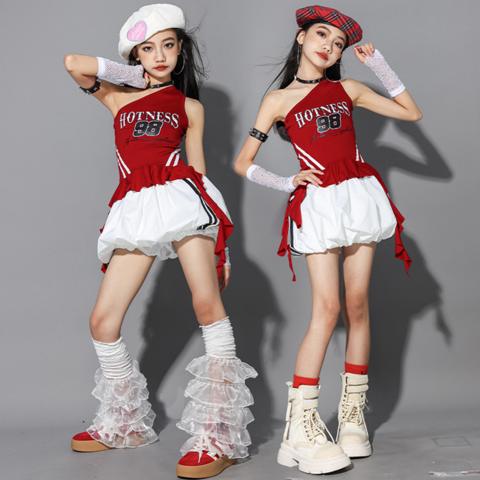 GIRLS レッドワンショルダー バルーンパンツセットアップ キッズダンス衣装