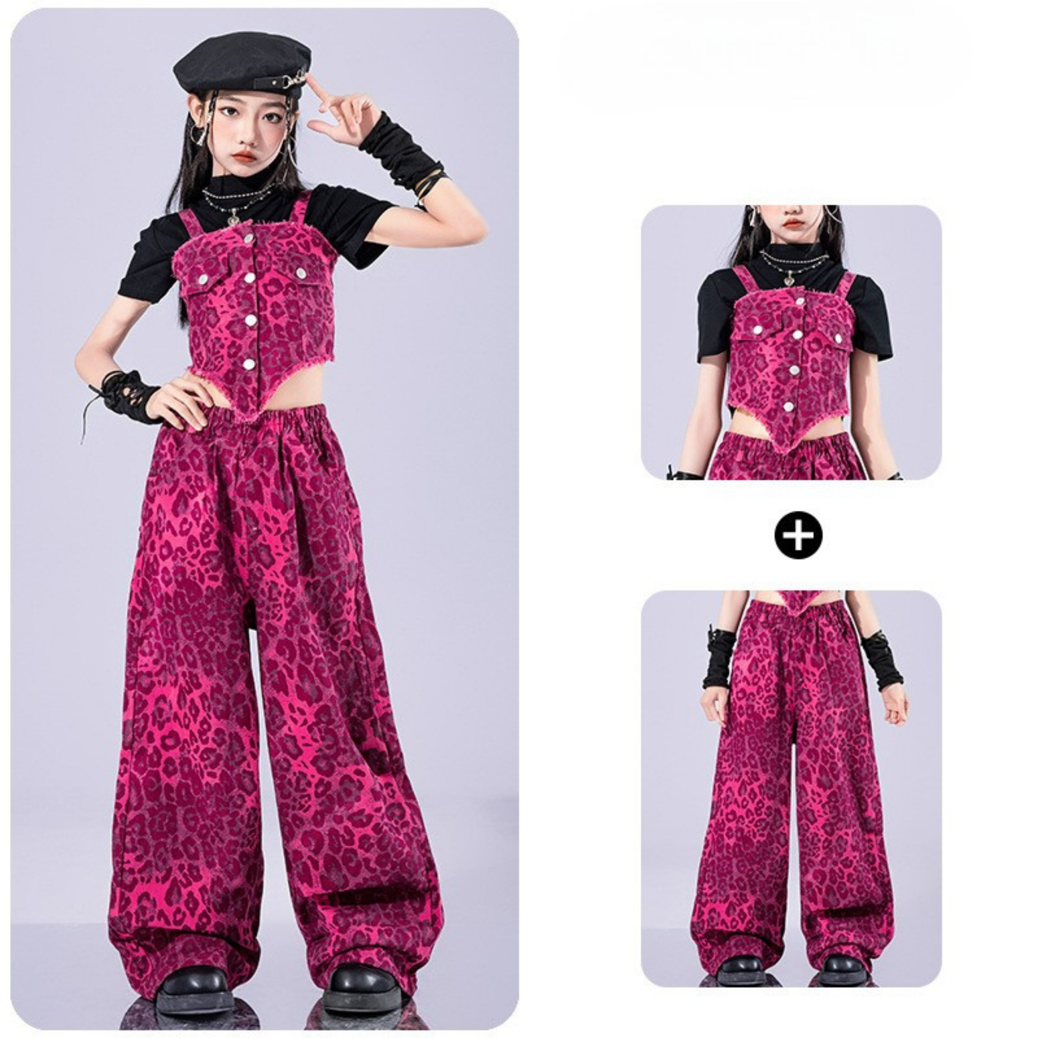 GIRLS ピンクレオパード ステージセットアップ キッズダンス衣装