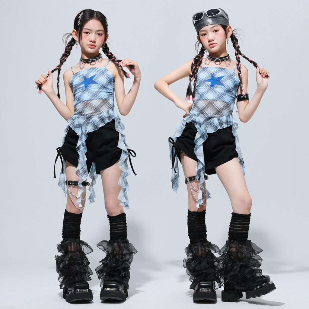 GIRLS ブルーチェック フリルショートパンツセットアップ キッズダンス衣装 商品画像5