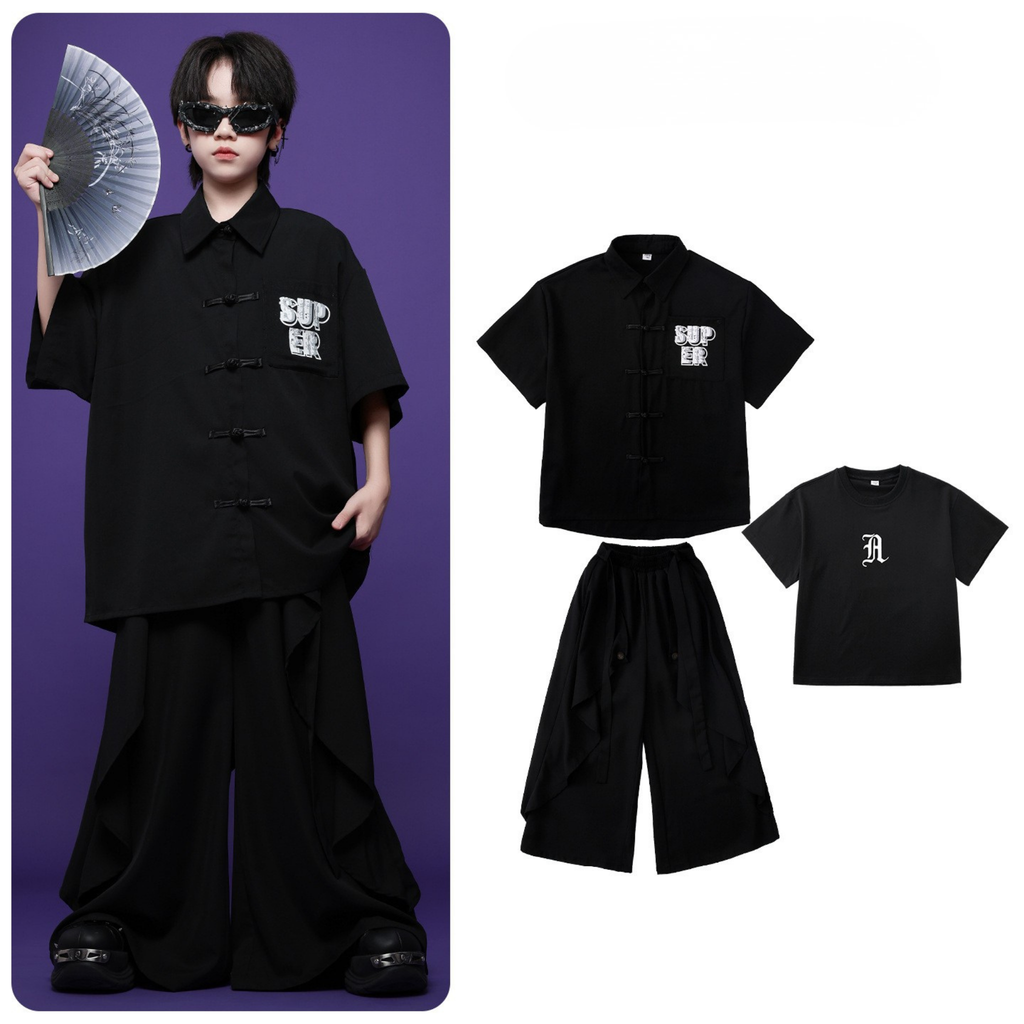 HIPHOP ブラックチャイナボタン ワイドパンツセットアップ キッズダンス衣装