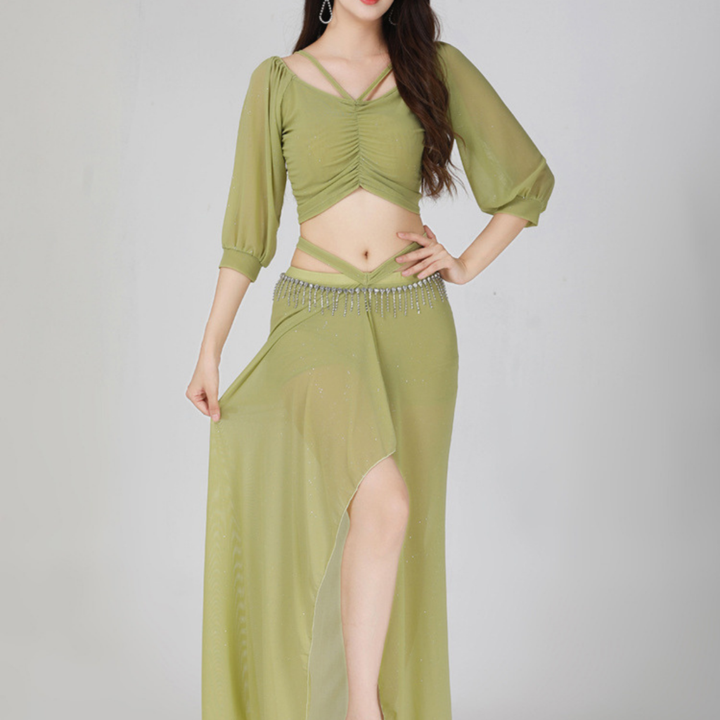 ベリーダンス　レッスンウェア　ラメ　メッシュ　ランタンスリーブ