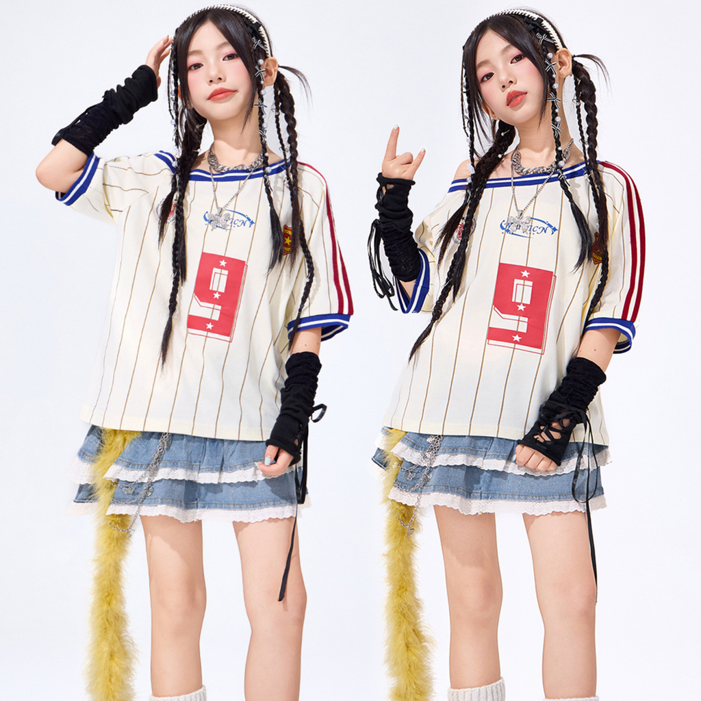 K-POP アイボリーストライプ デニムティアードスカートセットアップ キッズダンス衣装