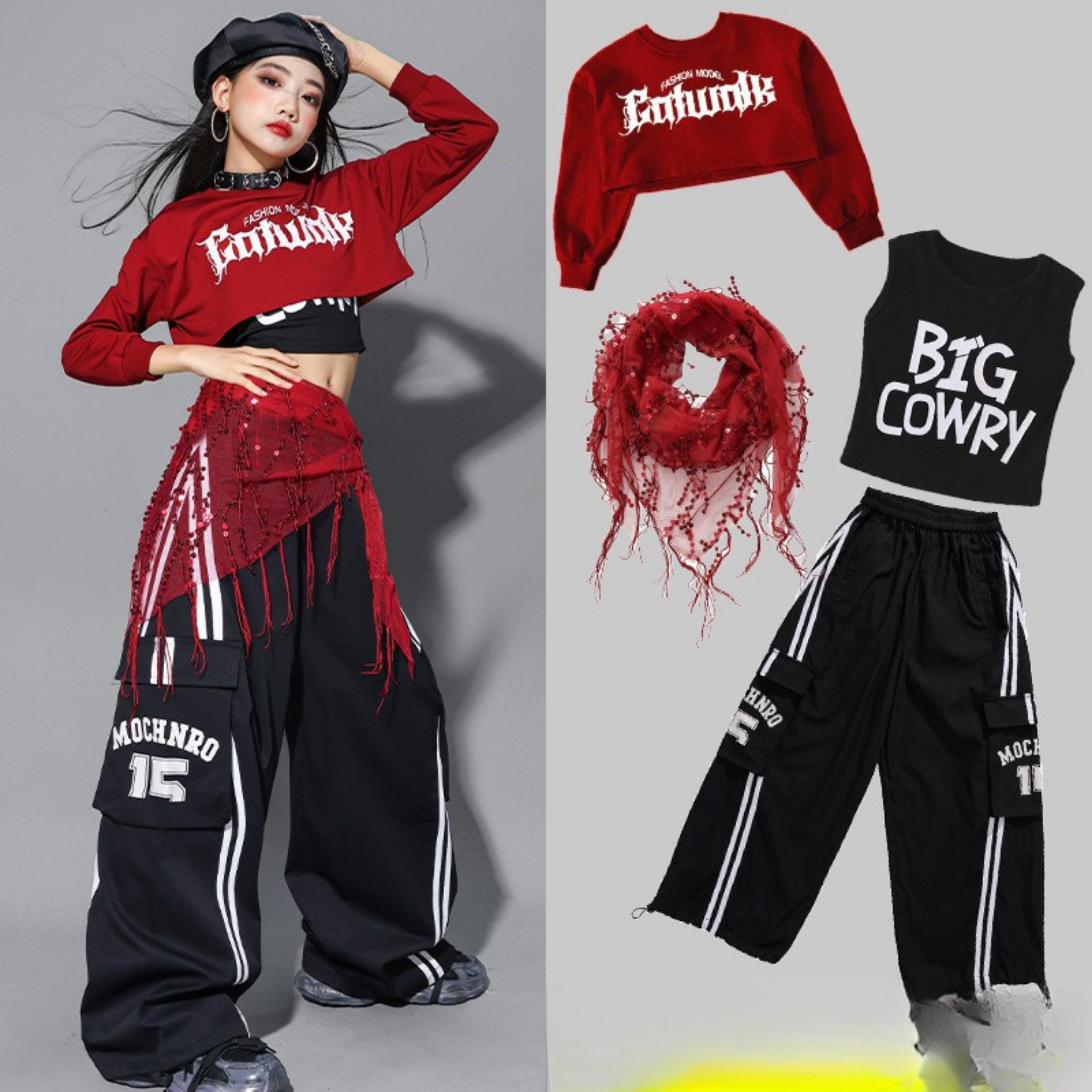 HIPHOP レッドブラック カーゴパンツセットアップ キッズダンス衣装