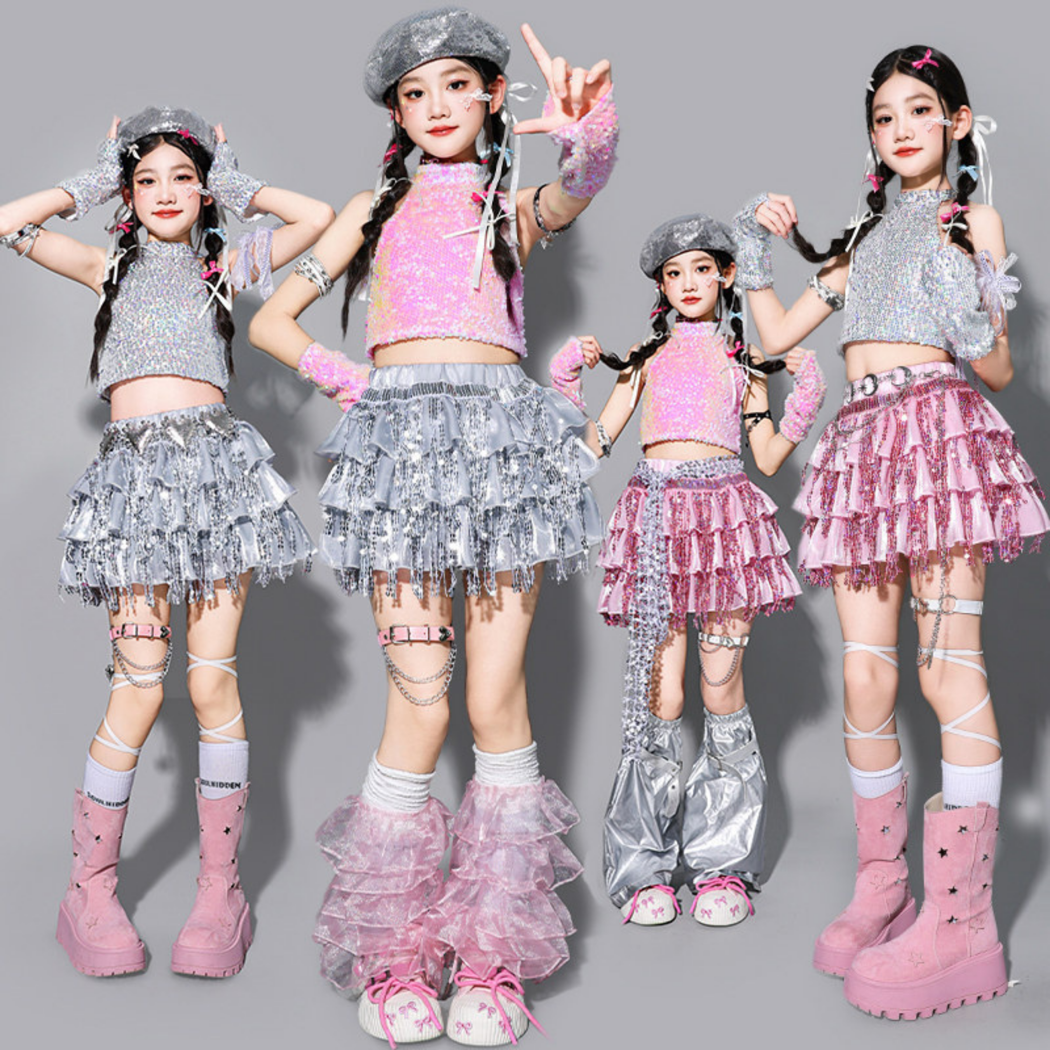 GIRLS ピンクシルバー スパンコールフリルセットアップ キッズダンス衣装