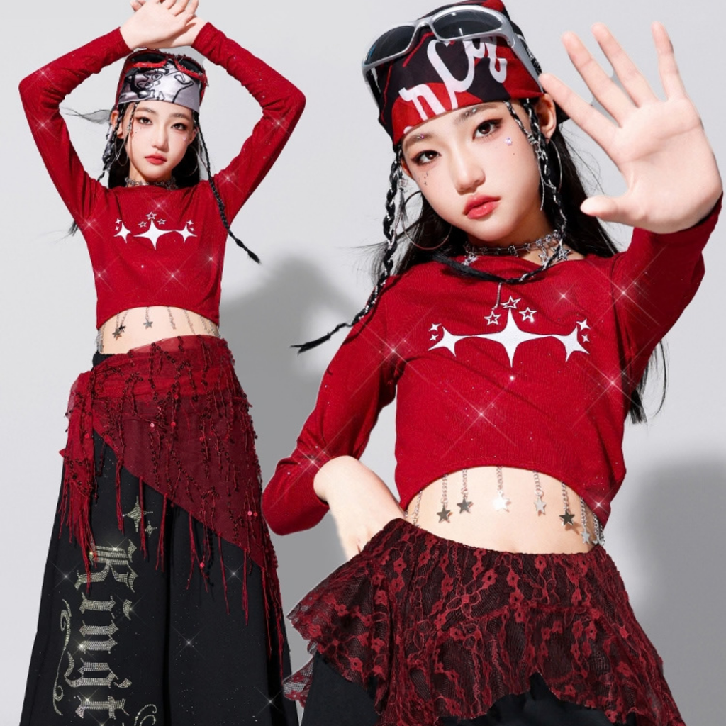 HIPHOP レッドクロップトップ グラフィックワイドパンツ セットアップ 商品画像10