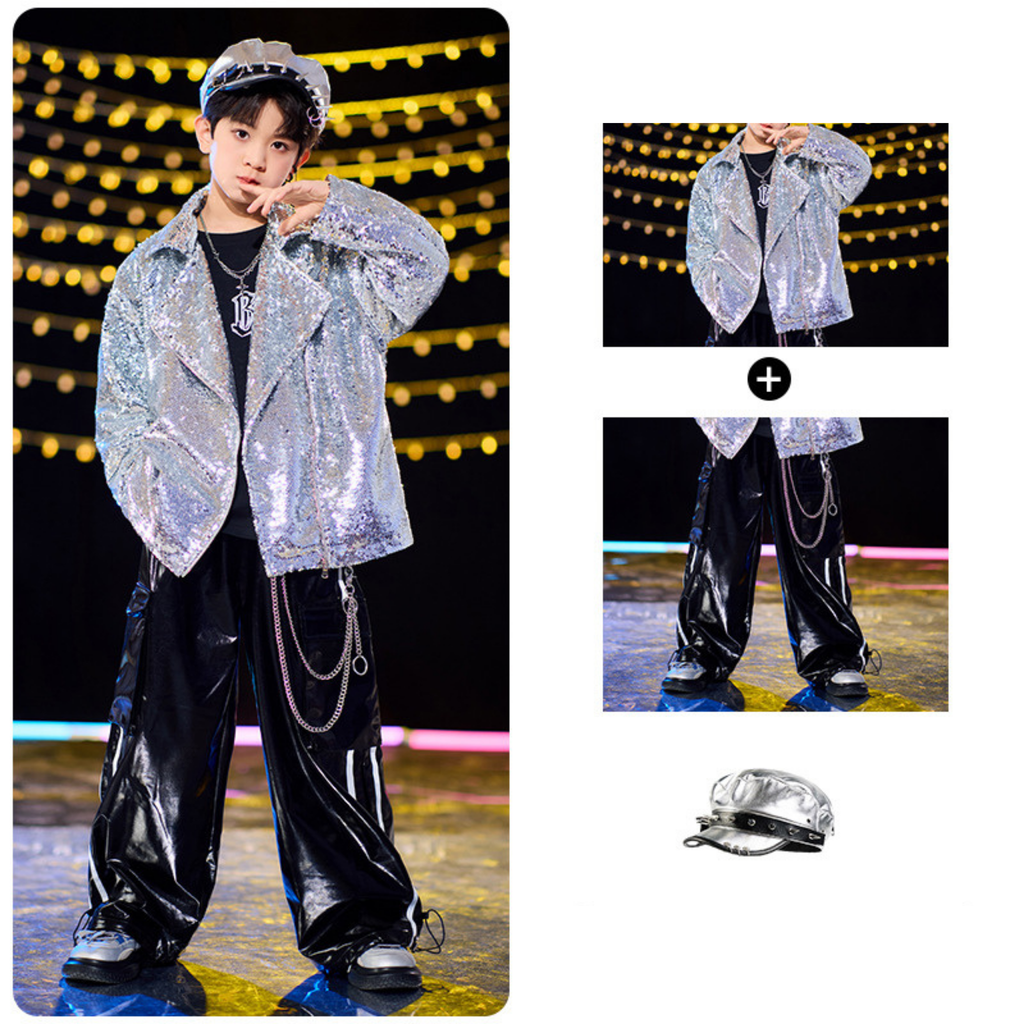 STREET シルバースパンコール ブラックセットアップ キッズダンス衣装