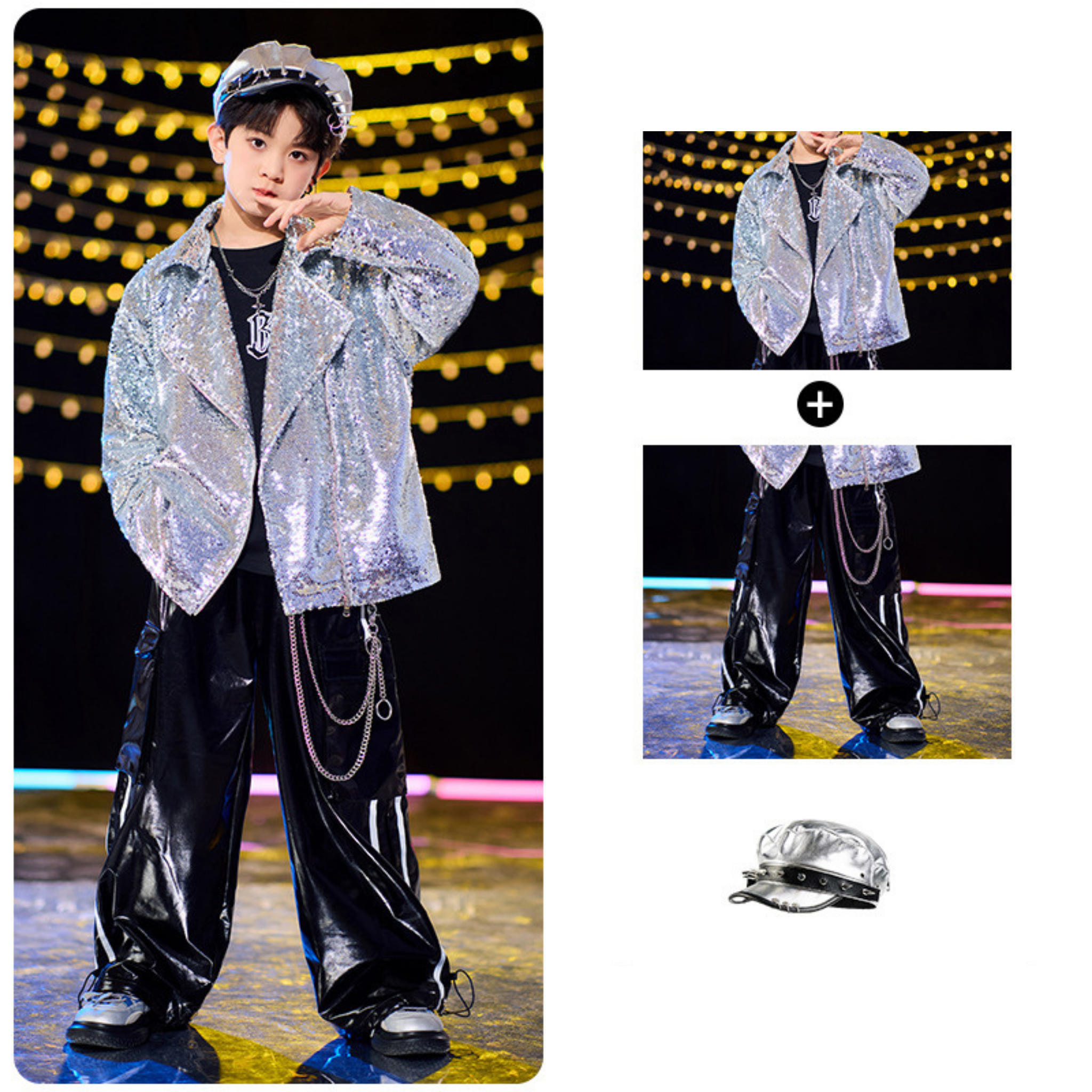 STREET シルバースパンコール ブラックセットアップ キッズダンス衣装