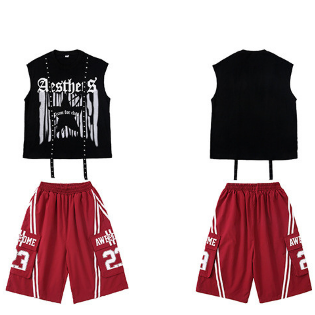 HIPHOP ブラックスタッズ レッドセットアップ キッズダンス衣装