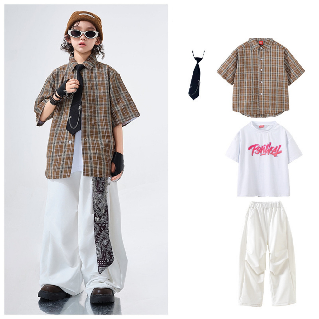 STREET ブラウンチェック ホワイトワイドパンツセットアップ キッズダンス衣装