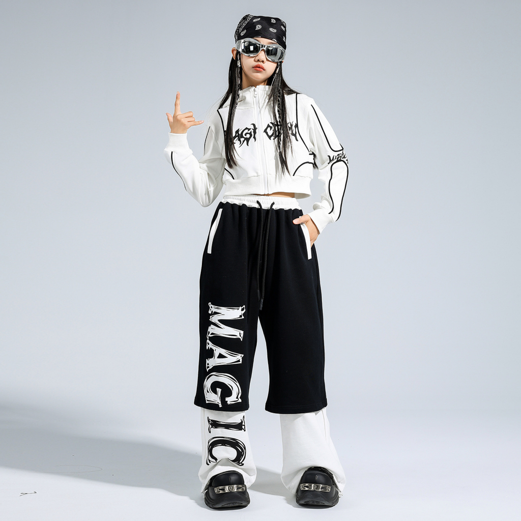 STREET ホワイトグラフィック レイヤードワイドパンツセットアップ キッズダンス衣装