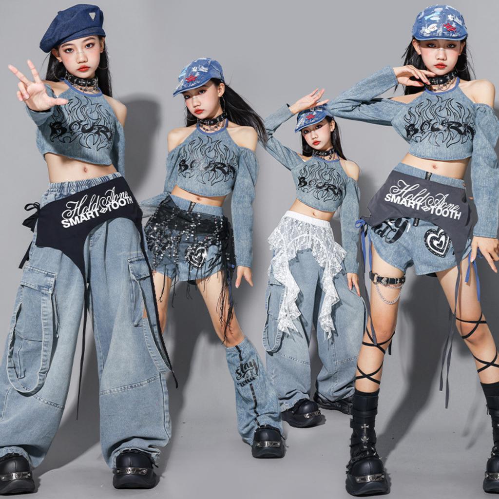 HIPHOP デニムグラフィック セットアップ キッズダンス衣装