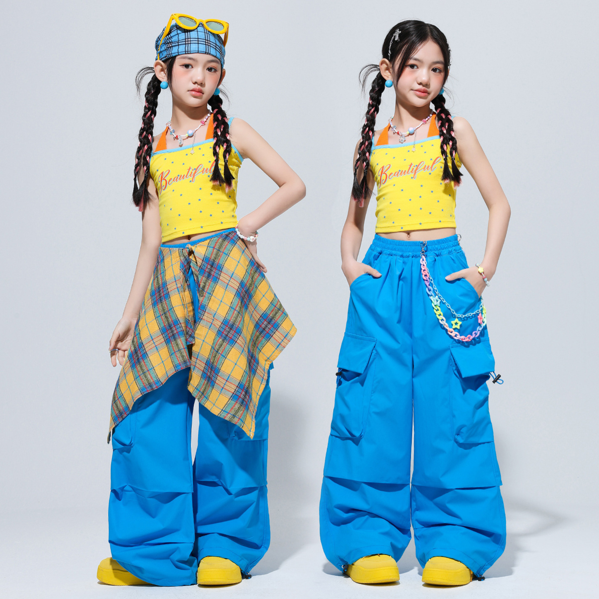 HIPHOP イエロースター ブルーカーゴセットアップ キッズダンス衣装