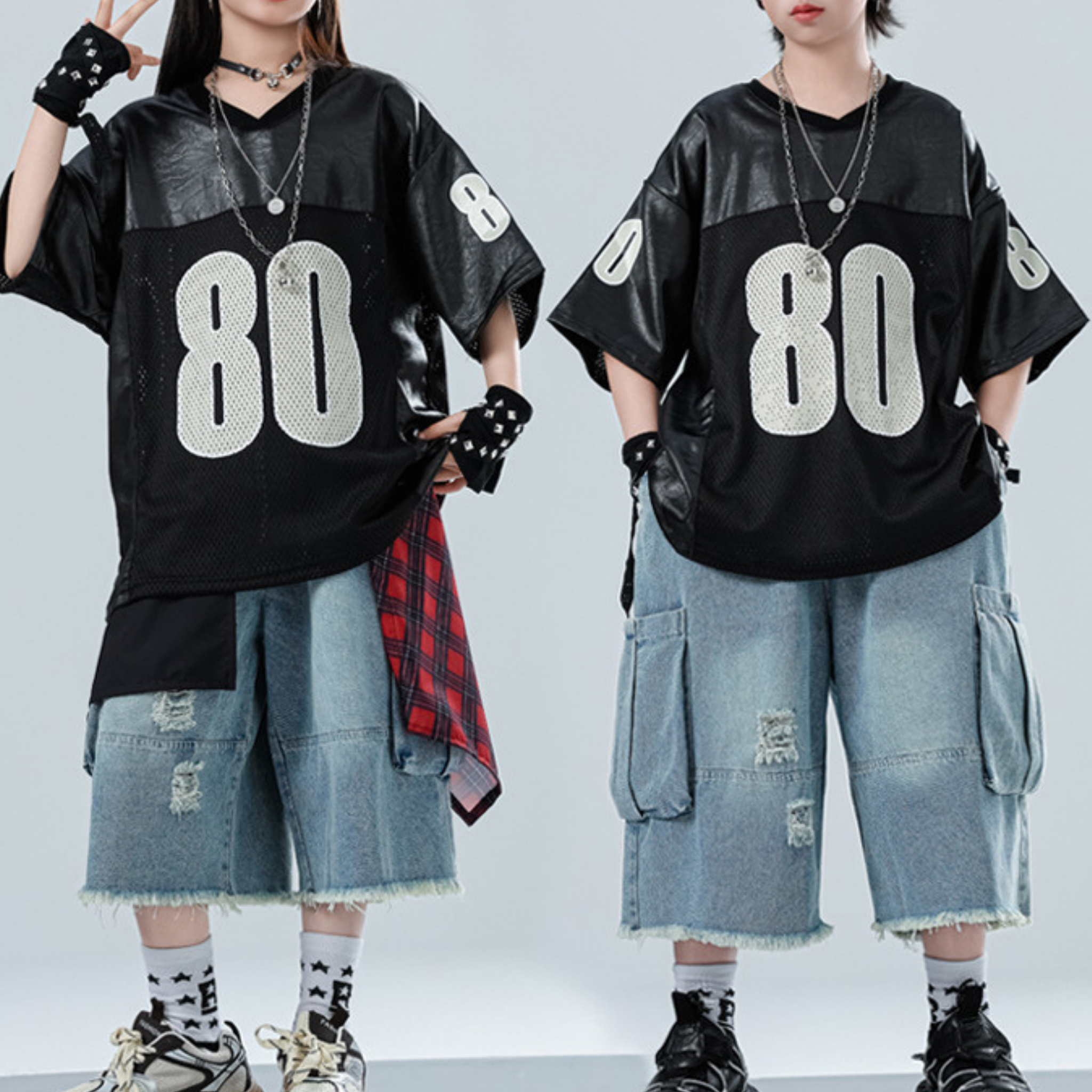 HIPHOP ブラックナンバー デニムハーフパンツセットアップ キッズダンス衣装